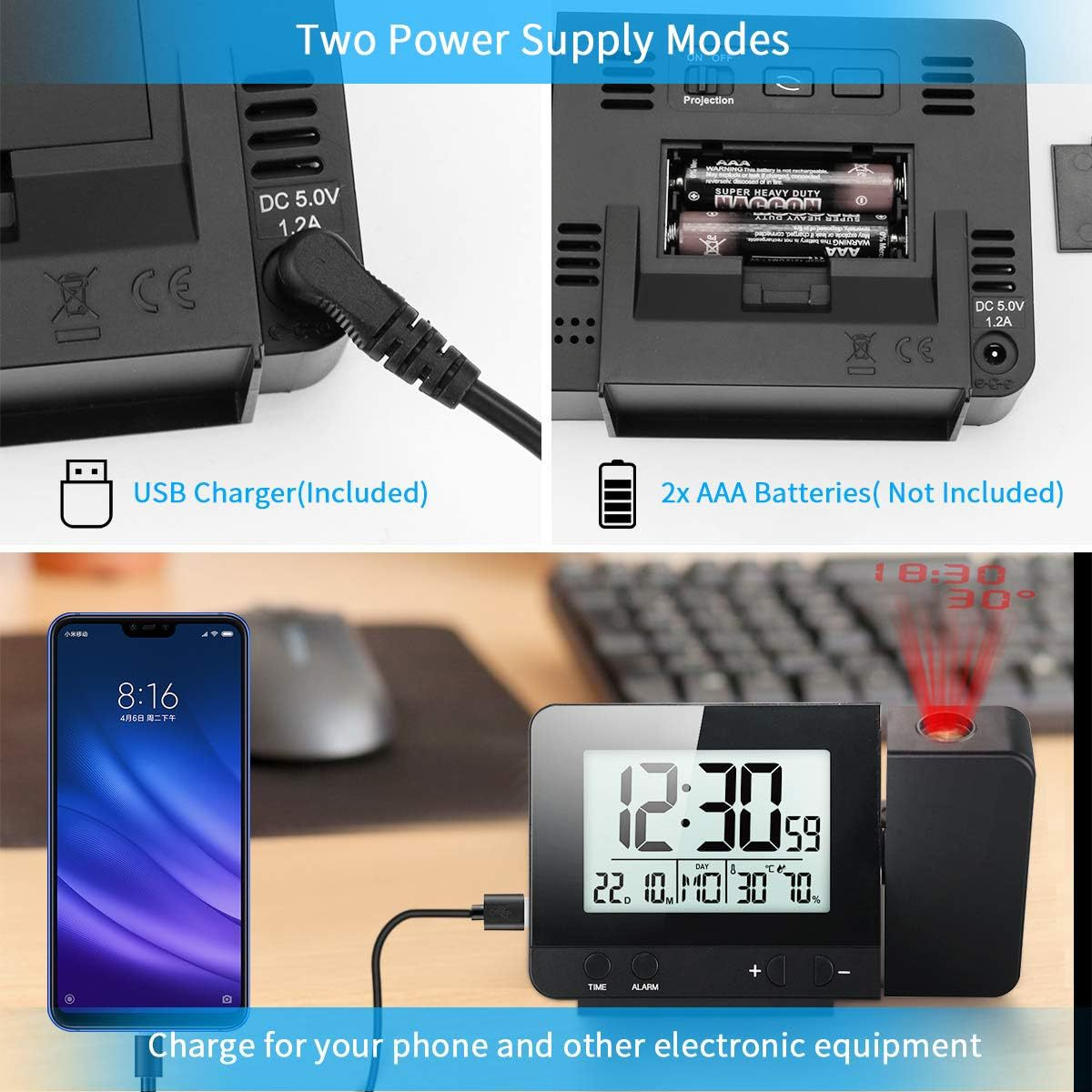 Digitaluhr mit zwei Stromversorgungsmodi: USB und AAA-Batterien.