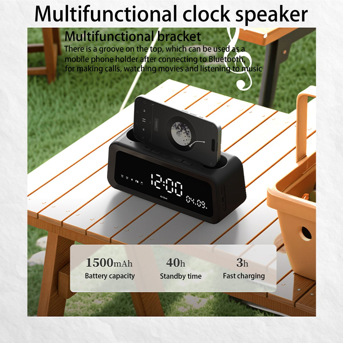 Schwarzer multifunktionaler Lautsprecher mit Uhr und Telefon, zeigt 12:00 Uhr.