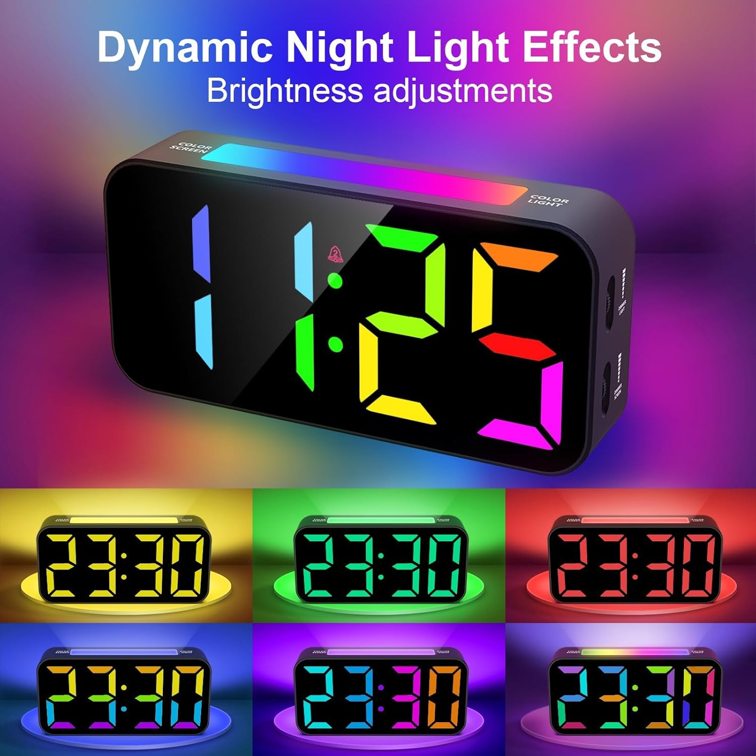 Digitaluhr mit bunter LED-Anzeige, die Uhrzeit und verschiedene Lichteffekte anzeigt.