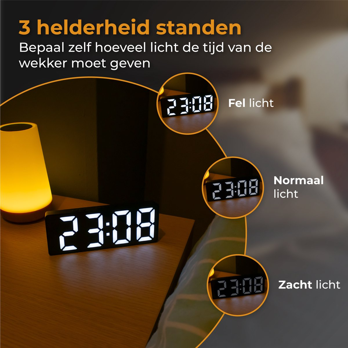 Digitaluhr zeigt 23:08 in drei Helligkeitsstufen: hell, normal und sanft.