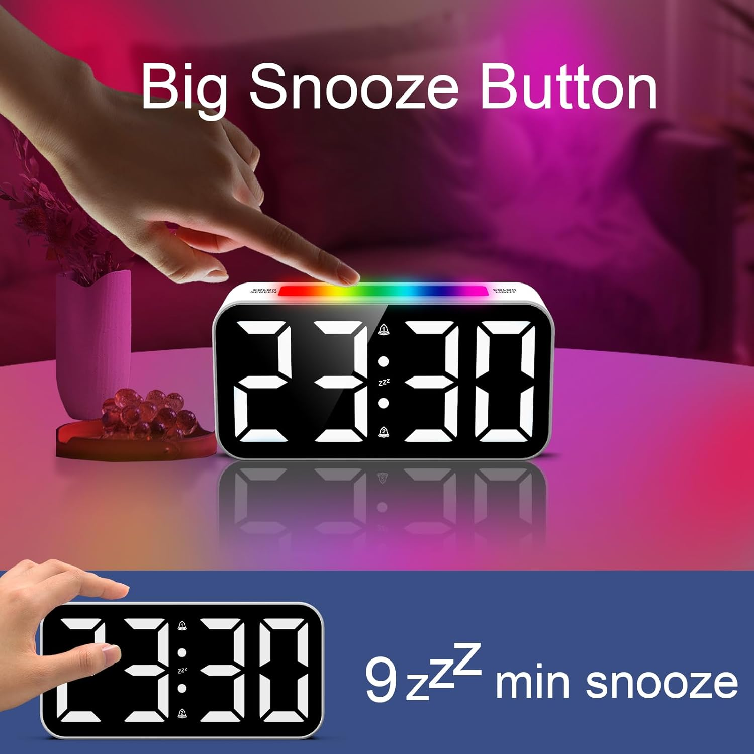 Digitale Uhr mit Snooze-Taste, 23:30 Uhr, Farbdisplay.