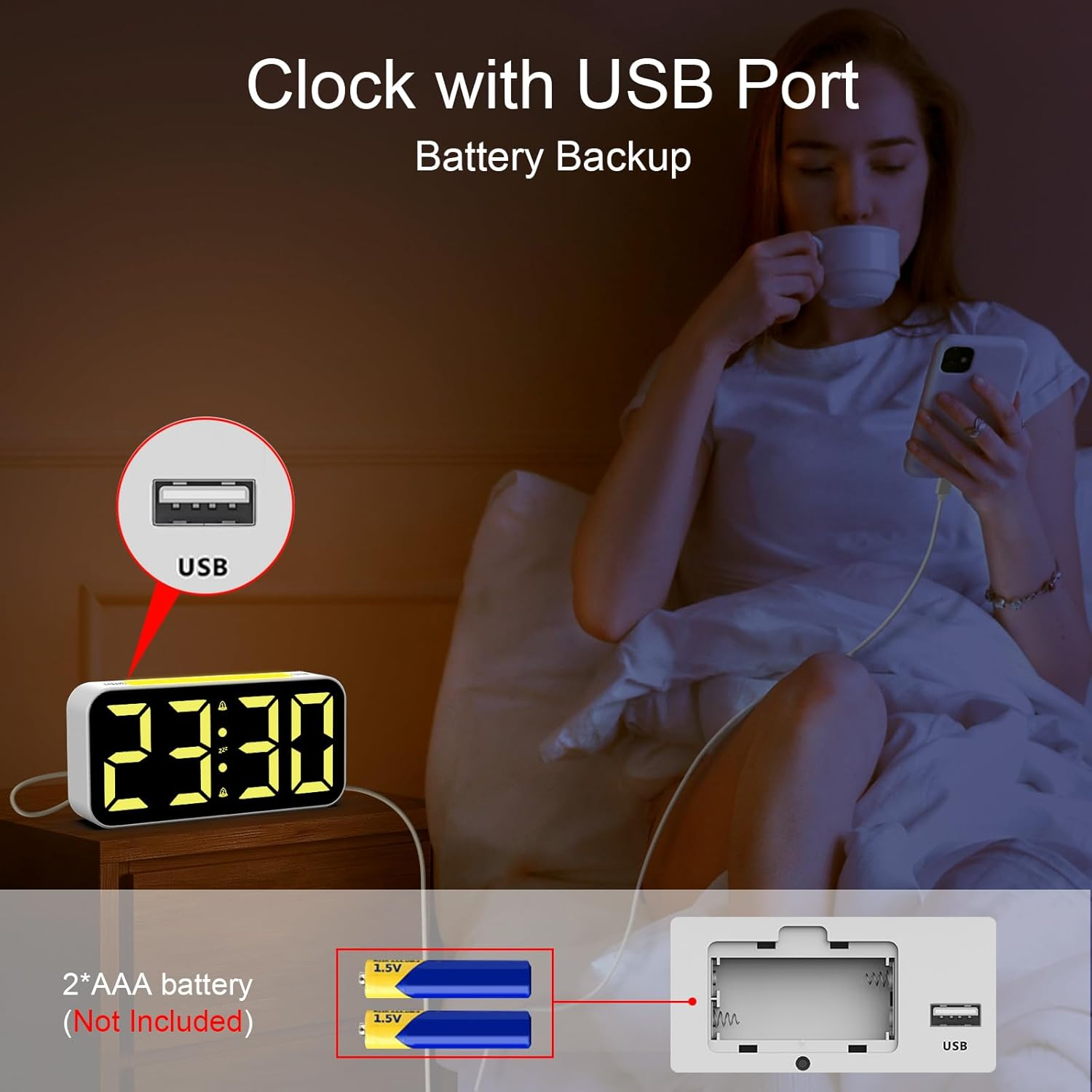 Digitaluhr mit USB-Anschluss und Batterie-Backup, zeigt 23:30 an.