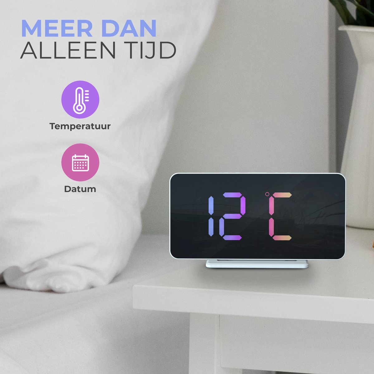Digitaluhr zeigt 12°C an, neben einem Thermometer- und Kalendersymbol.