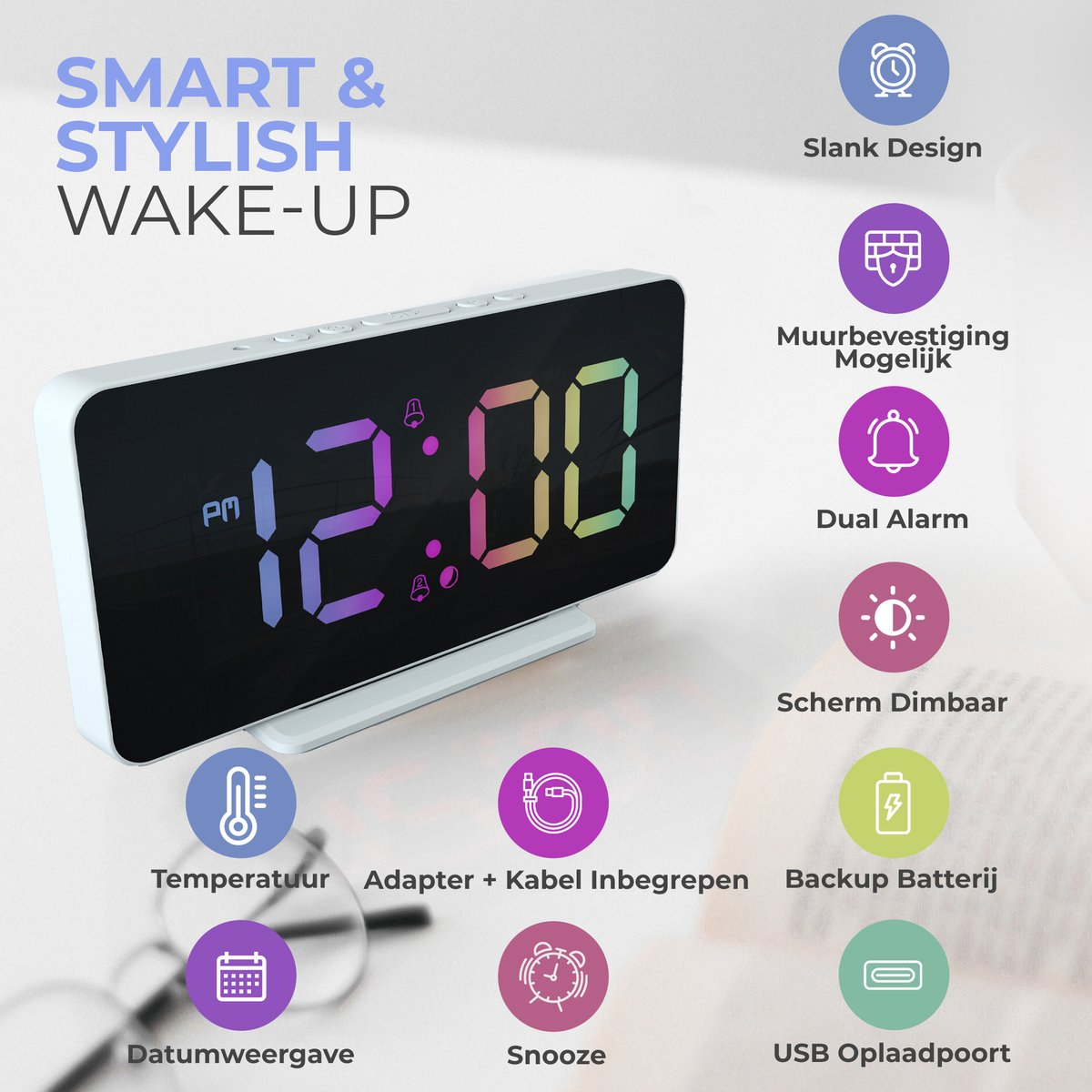 Ein digitaler Wecker mit farbigem Display, der 12:00 Uhr anzeigt.