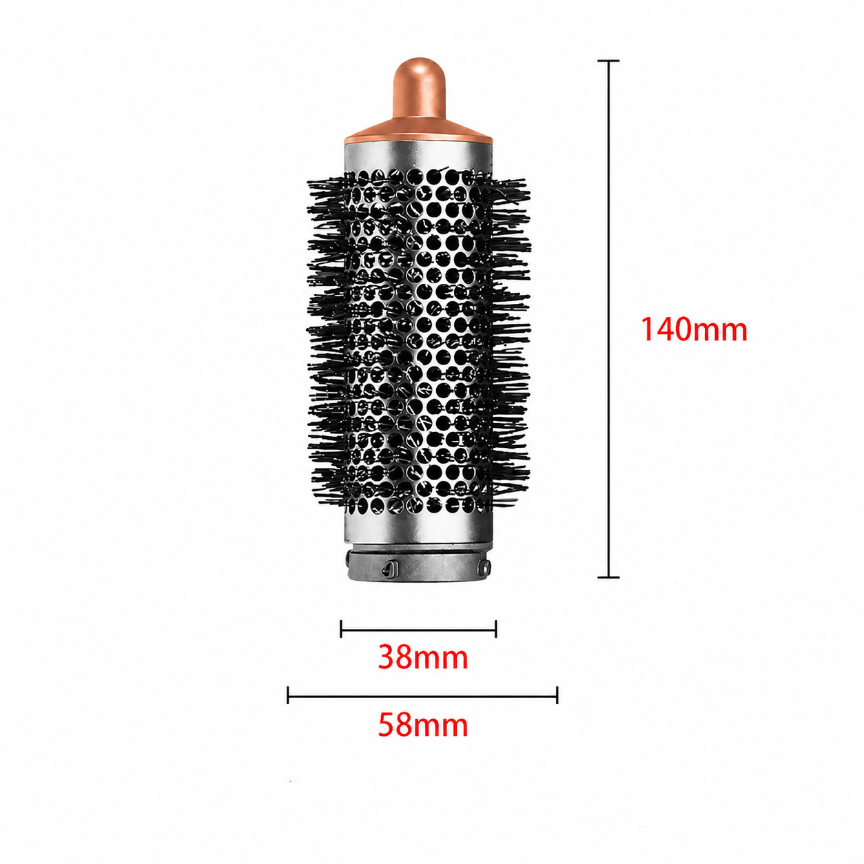 Ein runder Haarbürstenkopf aus Metall mit schwarzen Borsten. Maße: 140mm Länge, 38mm und 58mm Durchmesser.