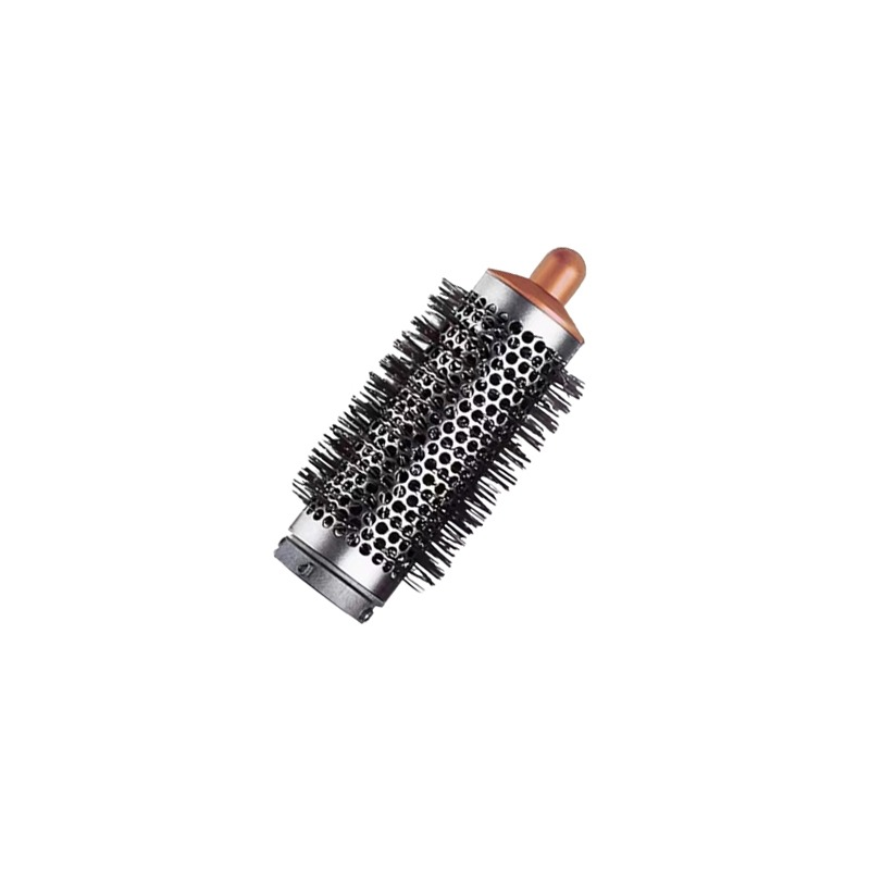 Ein silberner Lockenstab mit schwarzem Borsten und einem kupferfarbenen Griff.