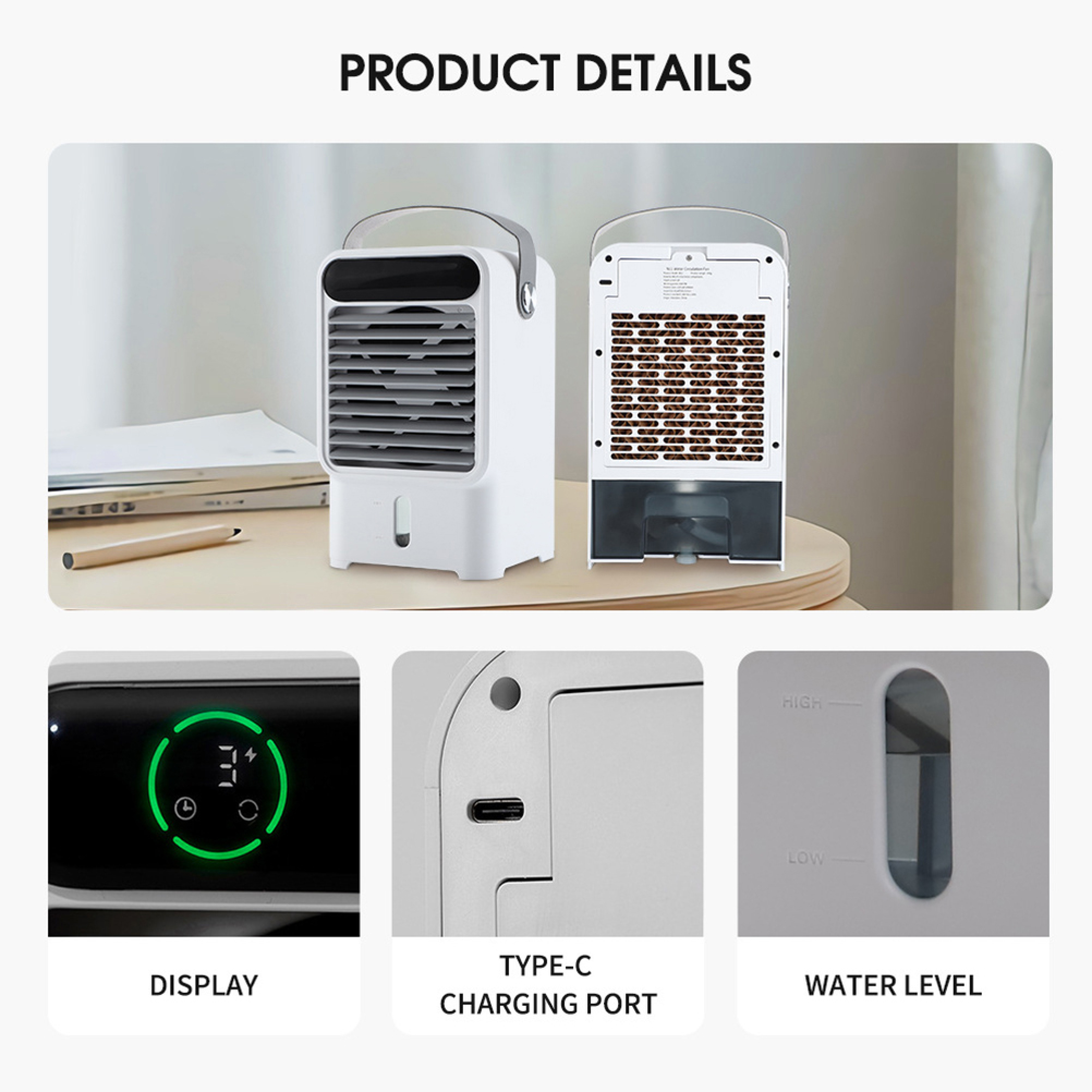 Ein weißer tragbarer Luftkühler mit Lüftungsschlitzen und Griff. Details zeigen ein Display, einen Typ-C-Ladeanschluss und den Wasserstand.