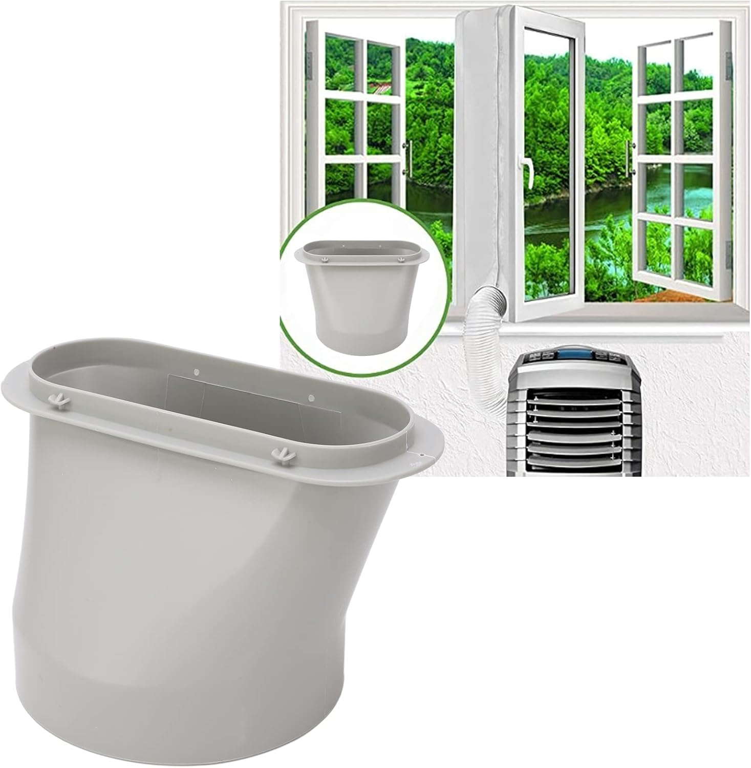 Grauer Adapter und Fensterkit für tragbaren Klimaanlage. Grüne Bäume draußen.