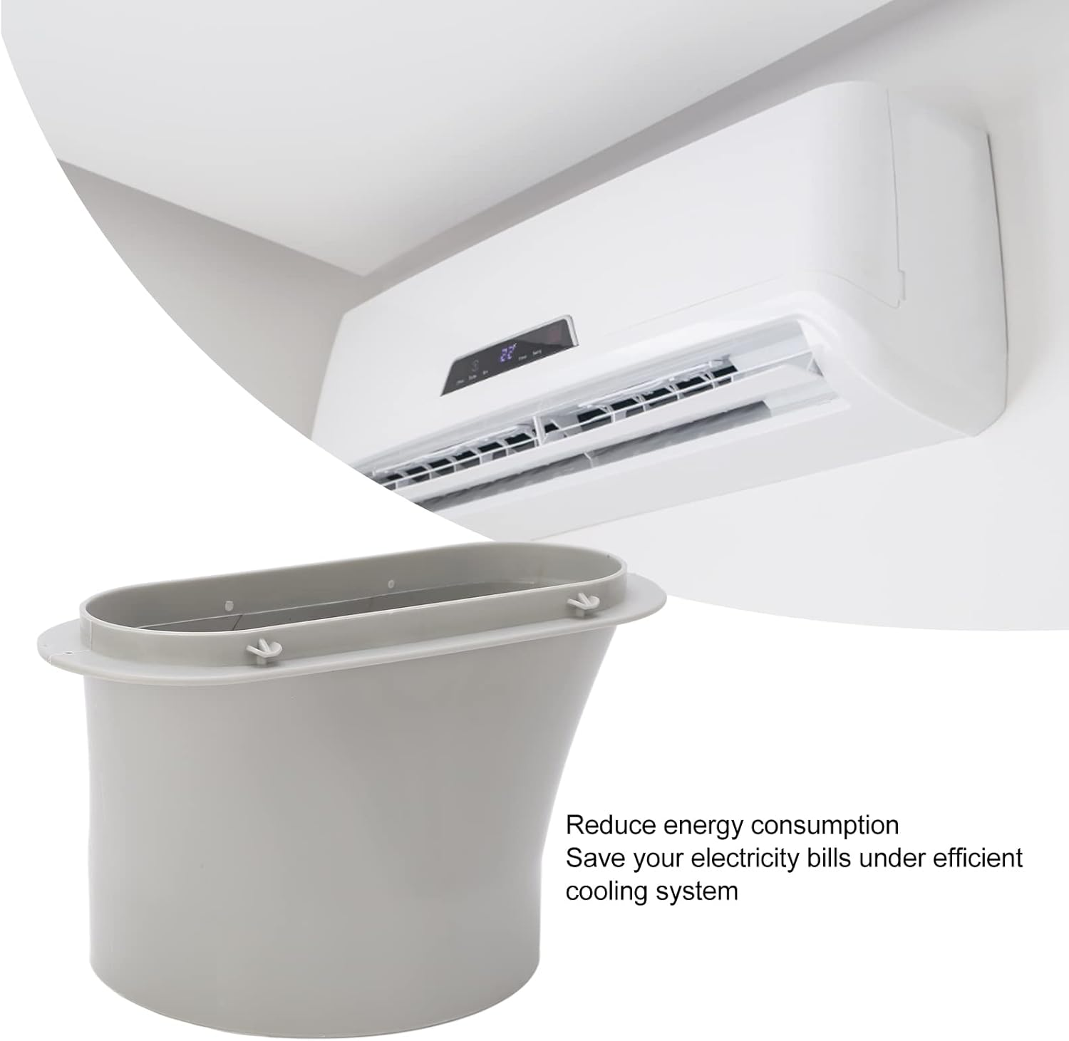 Ein grauer Lüftungsaufsatz vor einer weißen Klimaanlage an der Decke.