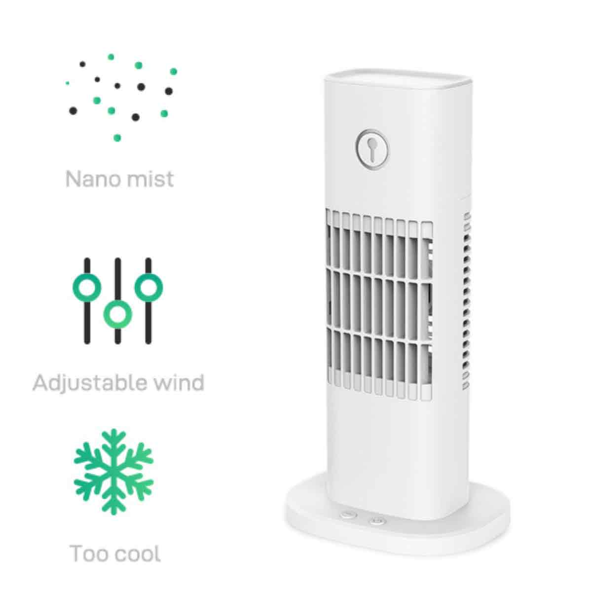 Weißer Turmventilator mit Symbolen für Nano-Nebel, einstellbaren Wind, Schneeflocke.