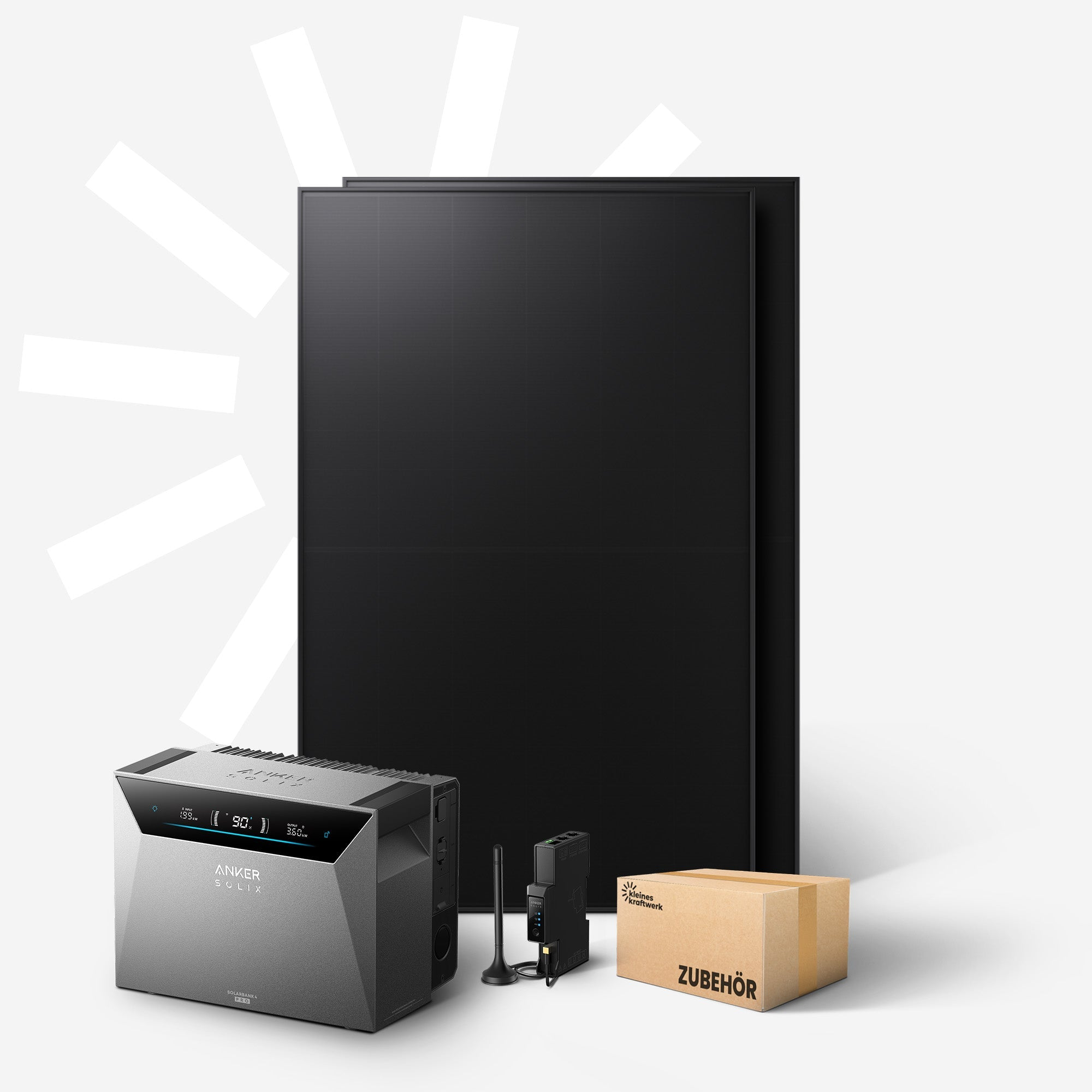 Grauer Anker Solix Solarkraftwerk, schwarze Solarpanels, Zubehörbox, und ein schwarzer Kasten.
