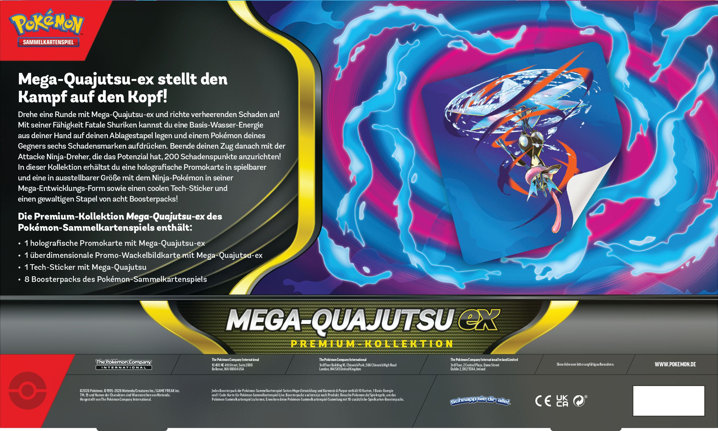 Pokémon-Kollektion mit Mega-Quajutsu-ex, Spielbrett und Boosterpacks.