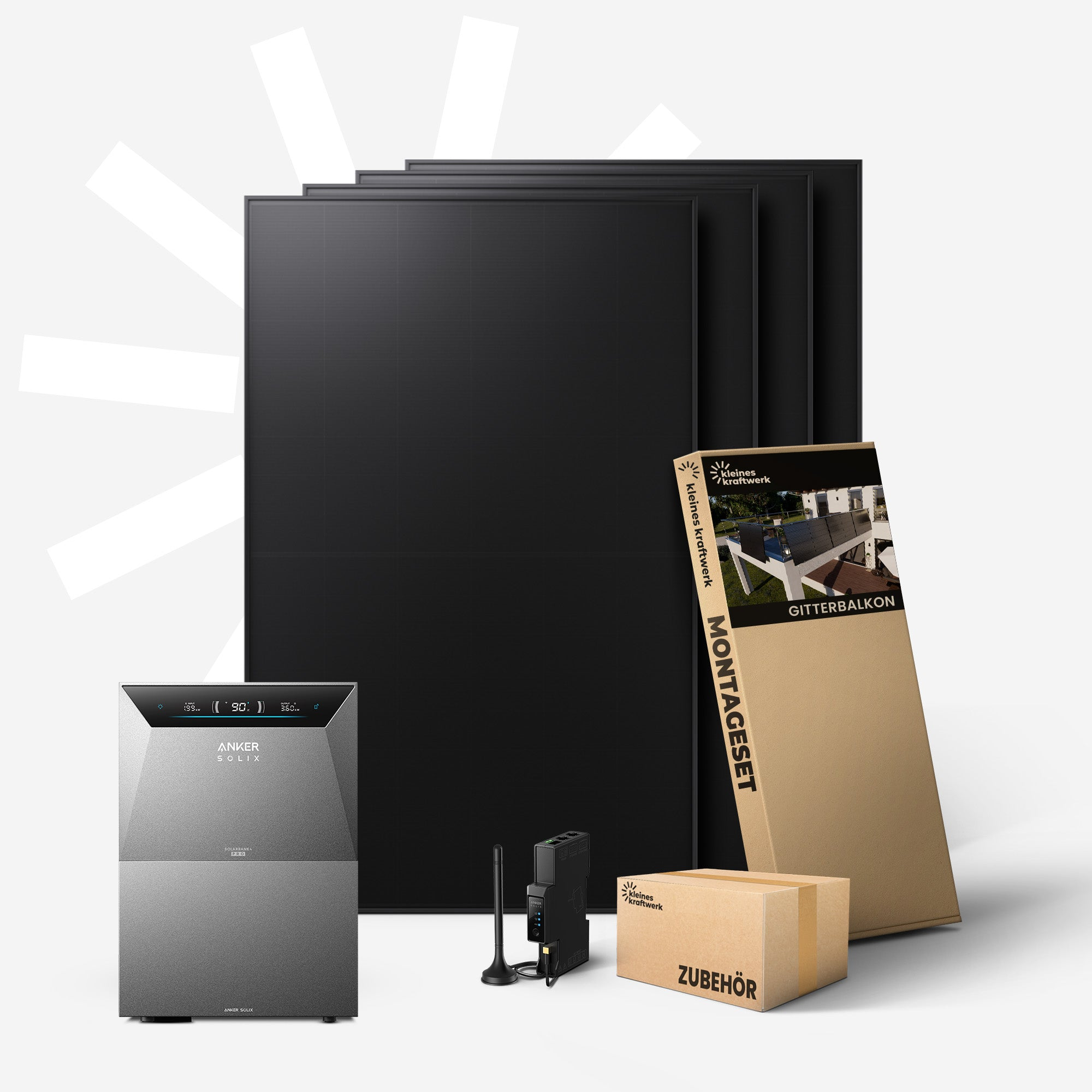 Schwarze Solarmodule, Wechselrichter, Montagebox und Zubehör vor weißem Hintergrund.