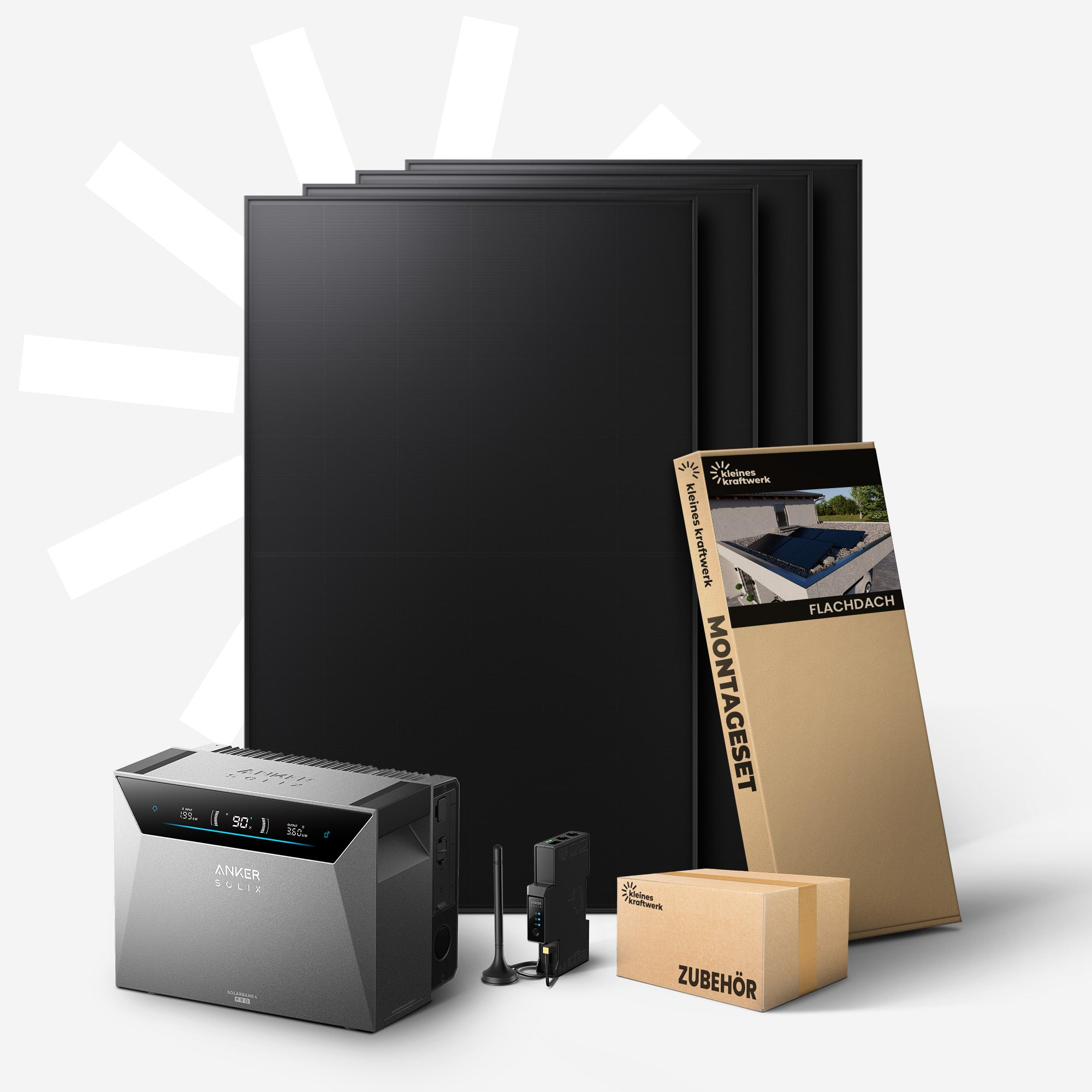 Solarmodule, Solargenerator und Zubehör auf grauem Hintergrund.