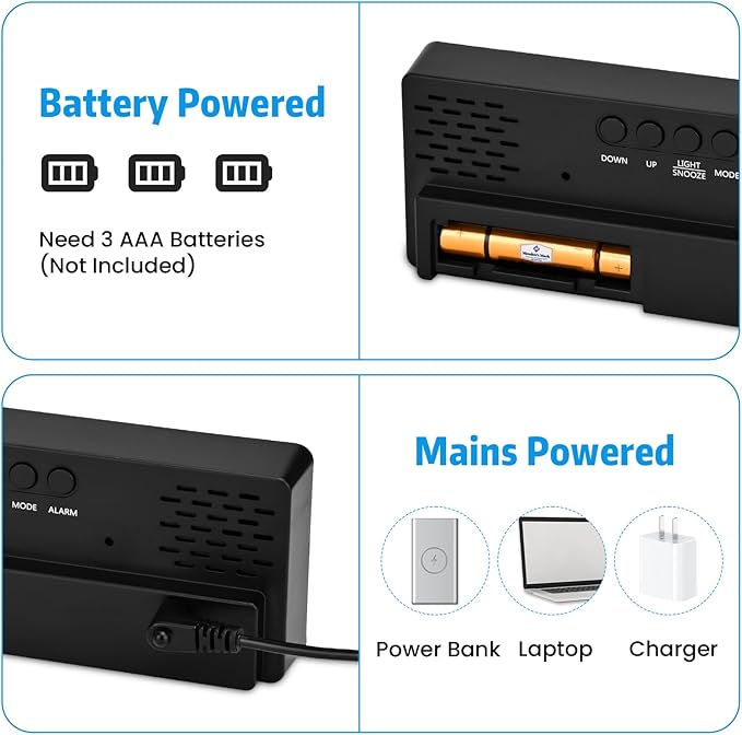 Batteriebetriebene und netzbetriebene Weckeroptionen mit Hinweisen zu Batterien und Stromquellen.