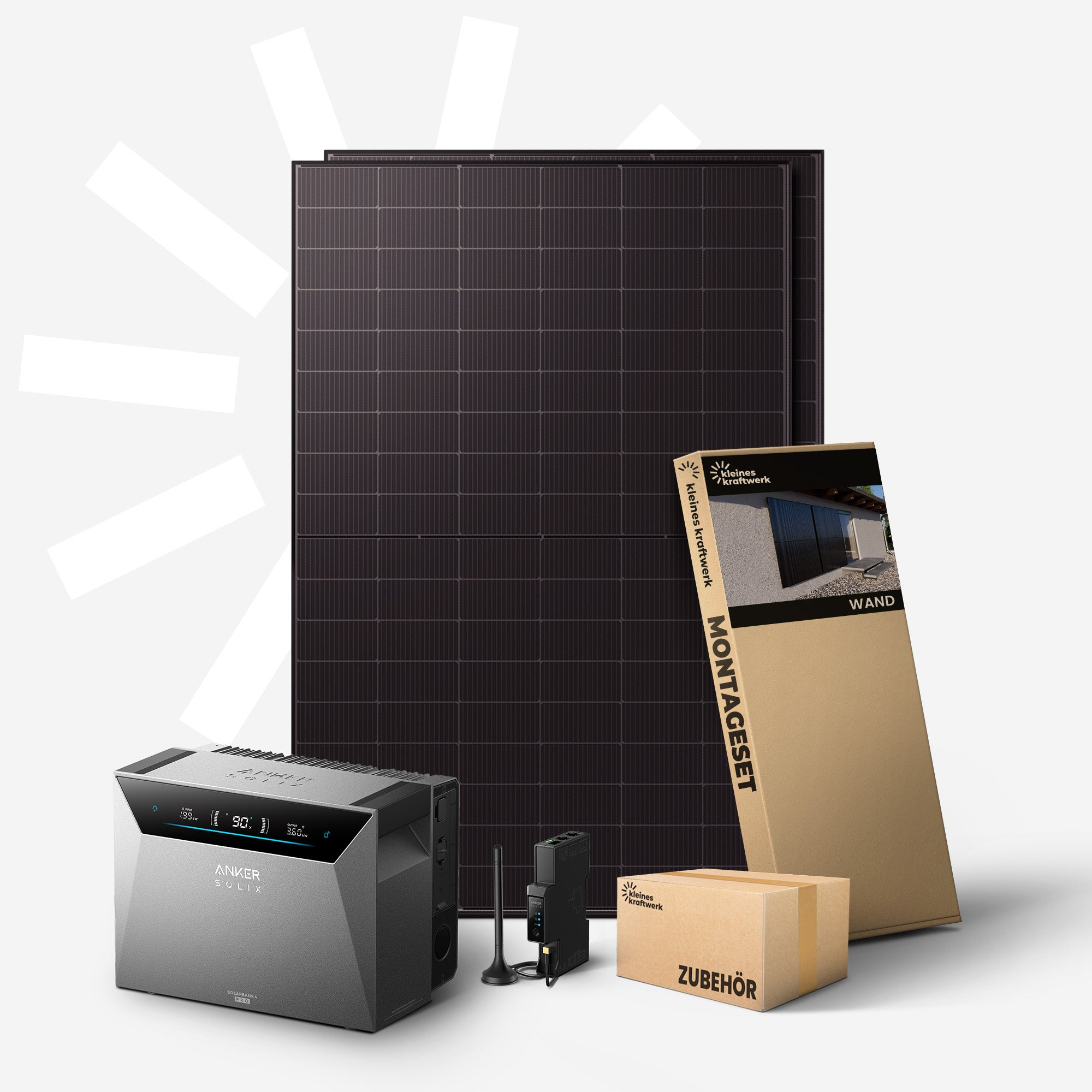 Grauer Anker Solix Solarbank, Solarpanels, Montage-Set und Zubehör.