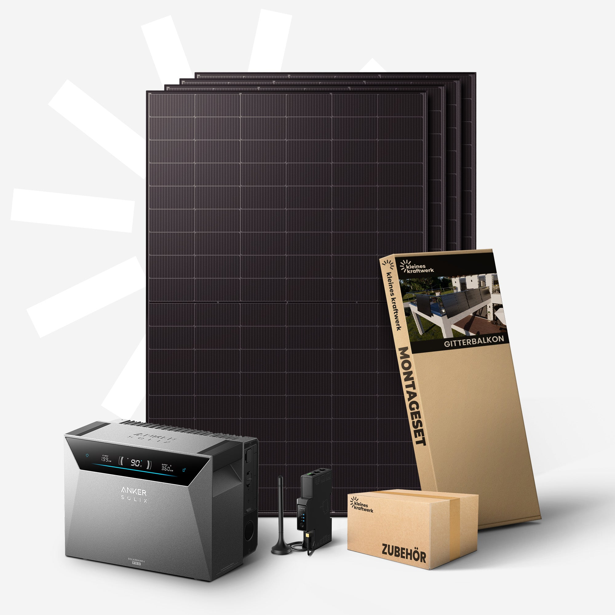 Solaranlagenkomponenten: Solarmodule, Wechselrichter, Montagezubehör und Installationsanleitung.