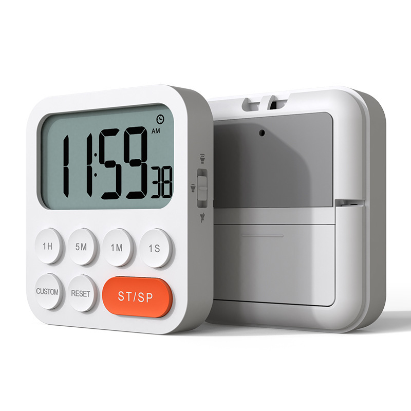 Ein weißer digitaler Timer mit einem großen Bildschirm und mehreren Tasten.