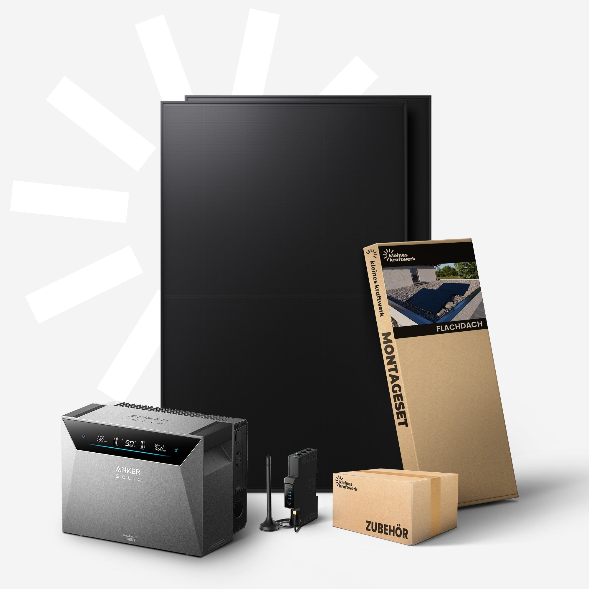 Solaranlagen-Komponenten: Solarmodule, Powerstation, Montage- und Zubehörboxen.