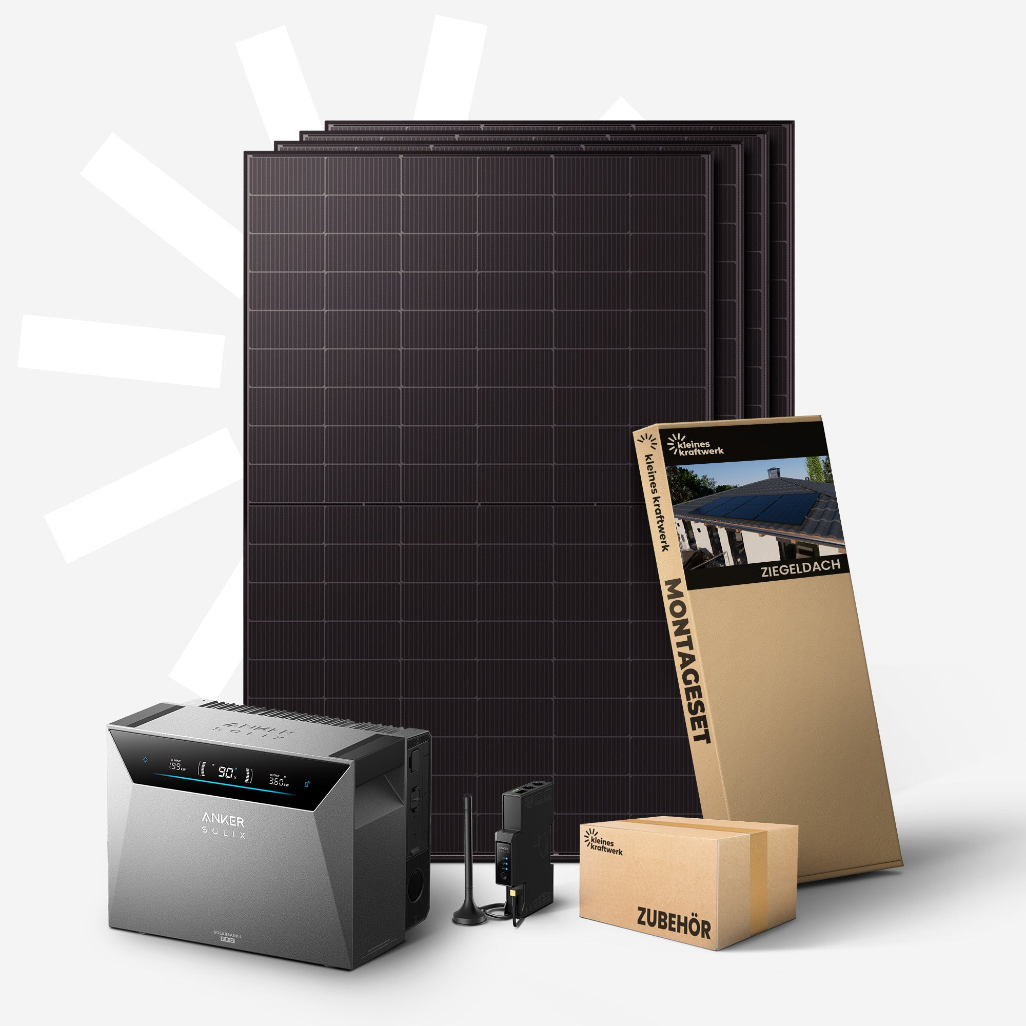 Solarmodule, ein Wechselrichter, ein Montageset und Zubehör vor grauem Hintergrund.