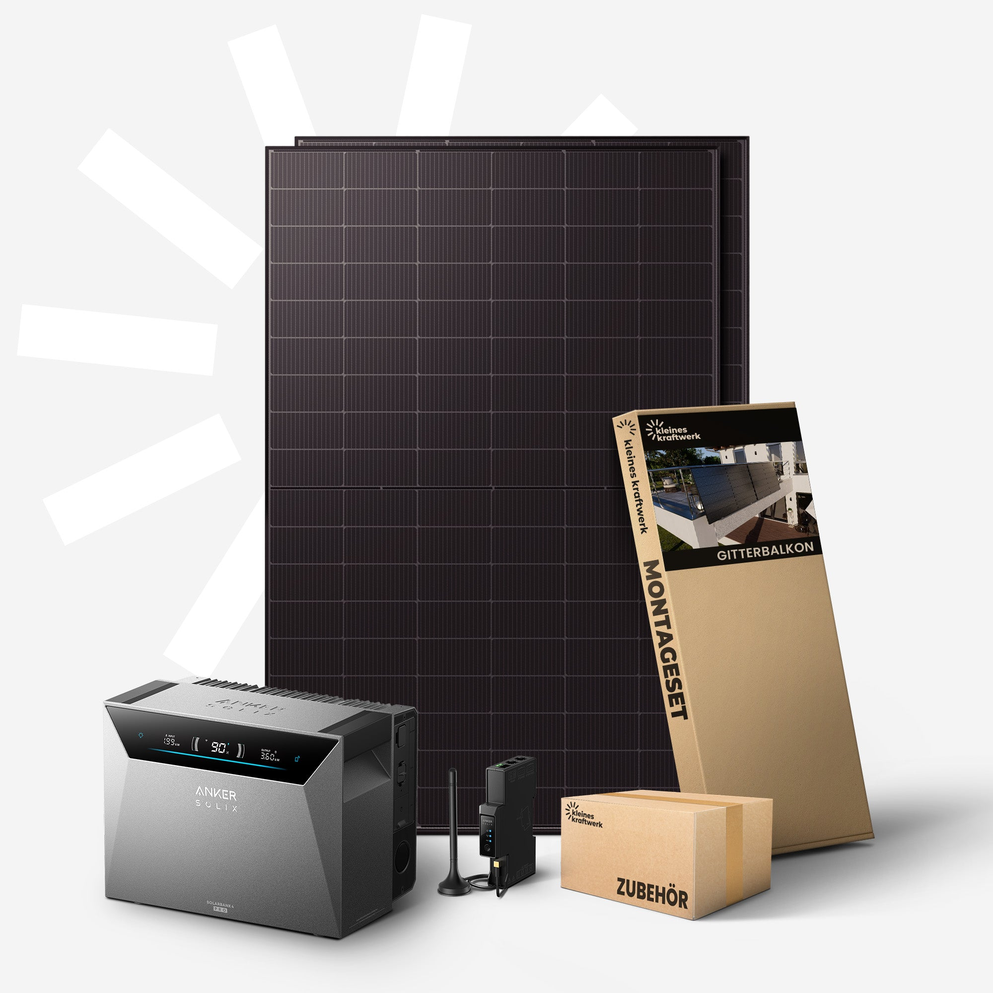 Solarmodule, eine Powerstation, ein Montageset und Zubehör werden auf grauem Hintergrund gezeigt.