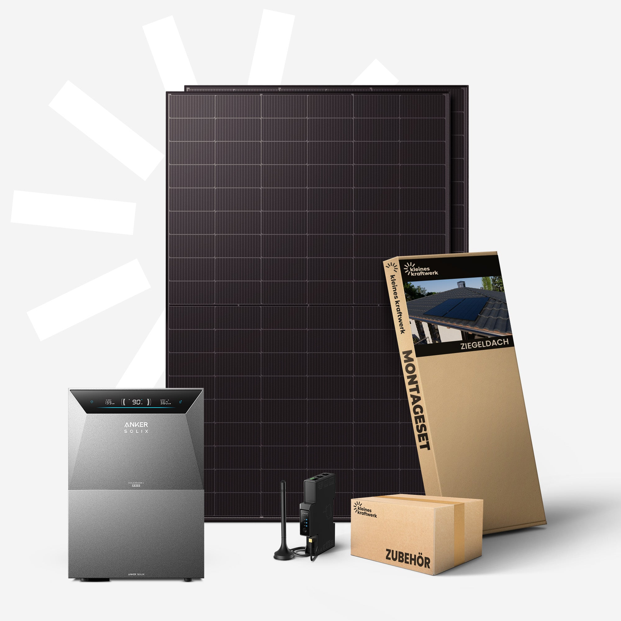 Solarmodule, Wechselrichter, Montage-Set und Zubehör auf weißem Hintergrund.
