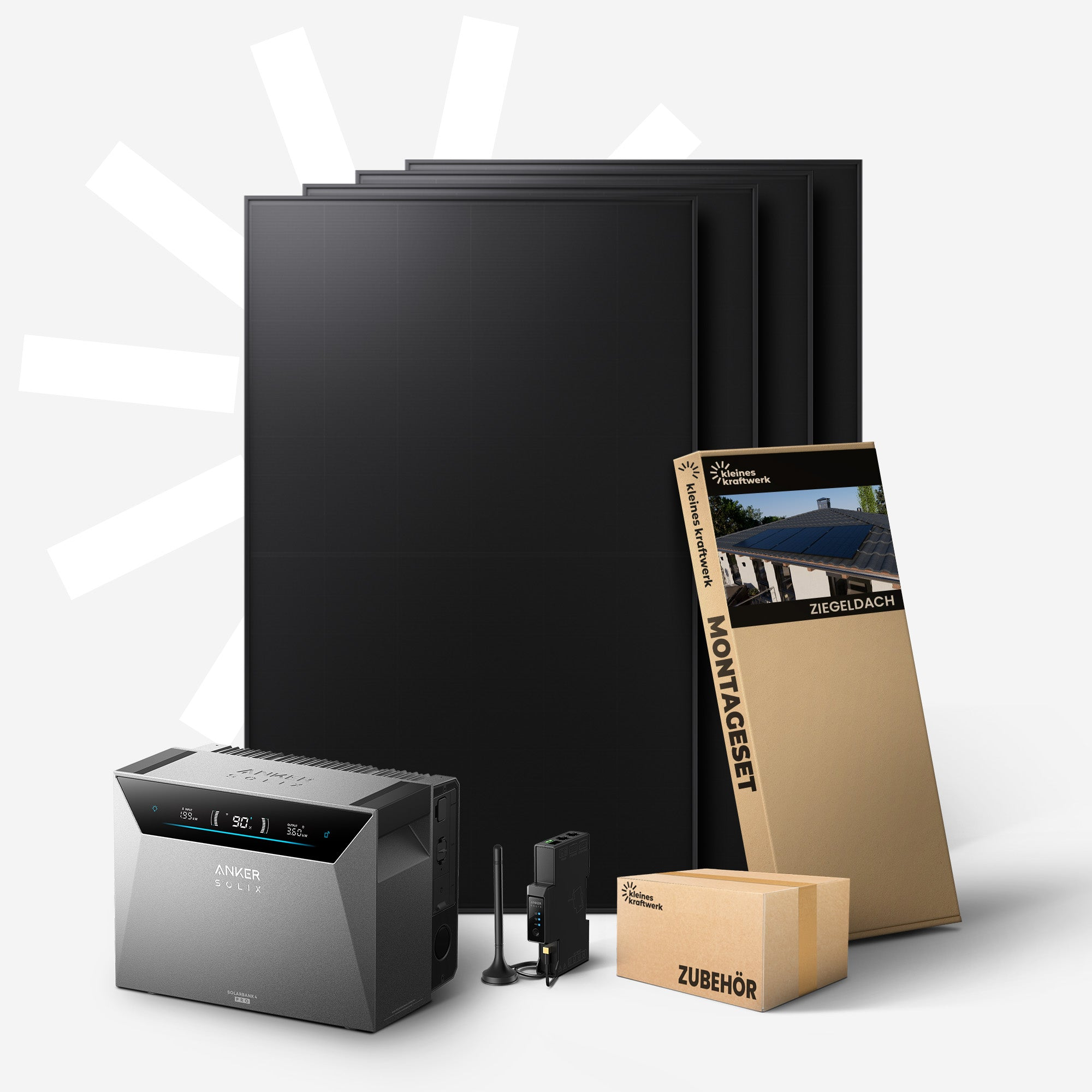 Grauer Stromspeicher, schwarze Solarmodule, Montageset und Zubehör.
