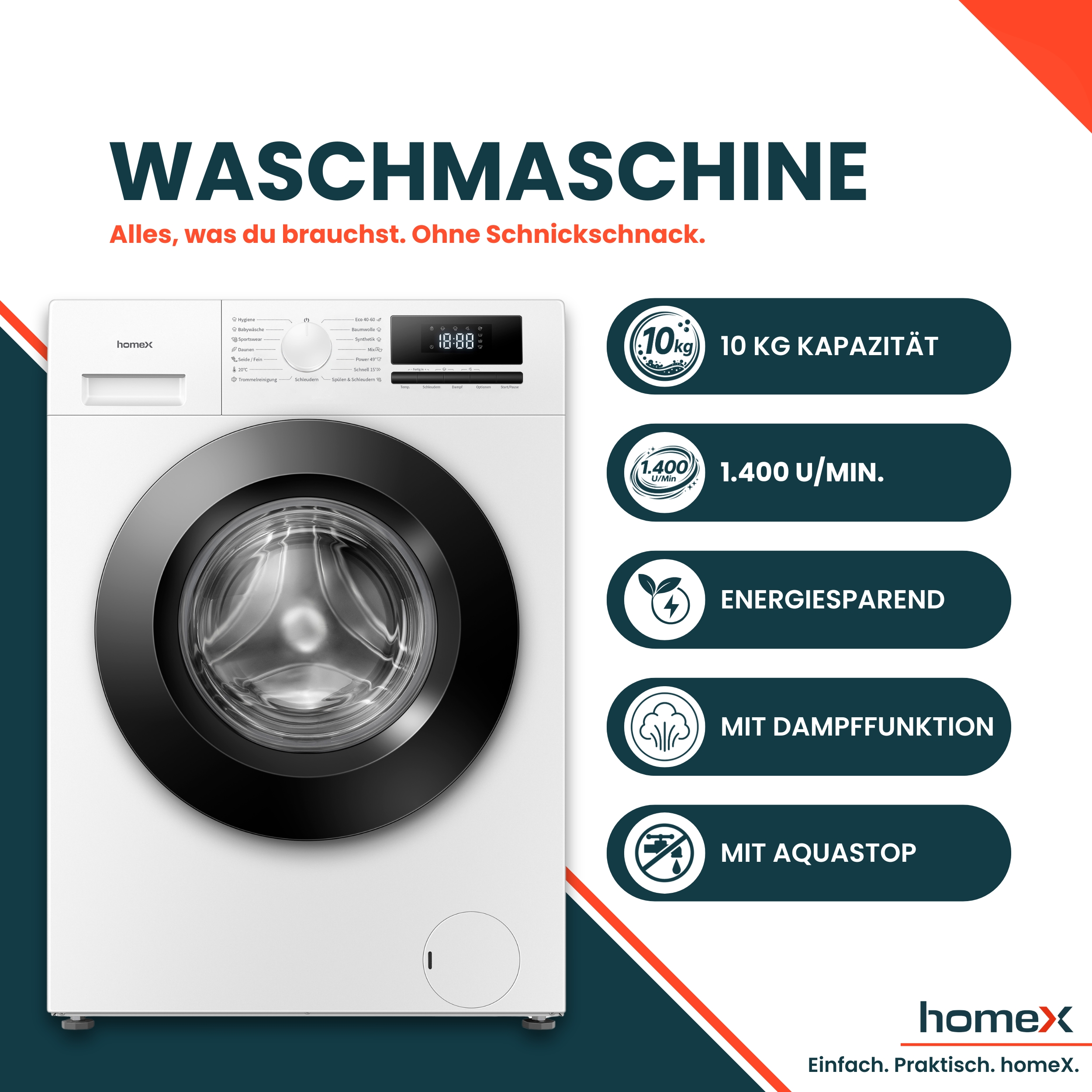 Weiße Frontlader-Waschmaschine mit Digitalanzeige und diversen Waschprogrammen. Bietet 10kg Kapazität, 1400 U/Min, Energiesparen, Dampffunktion und Aquastop.