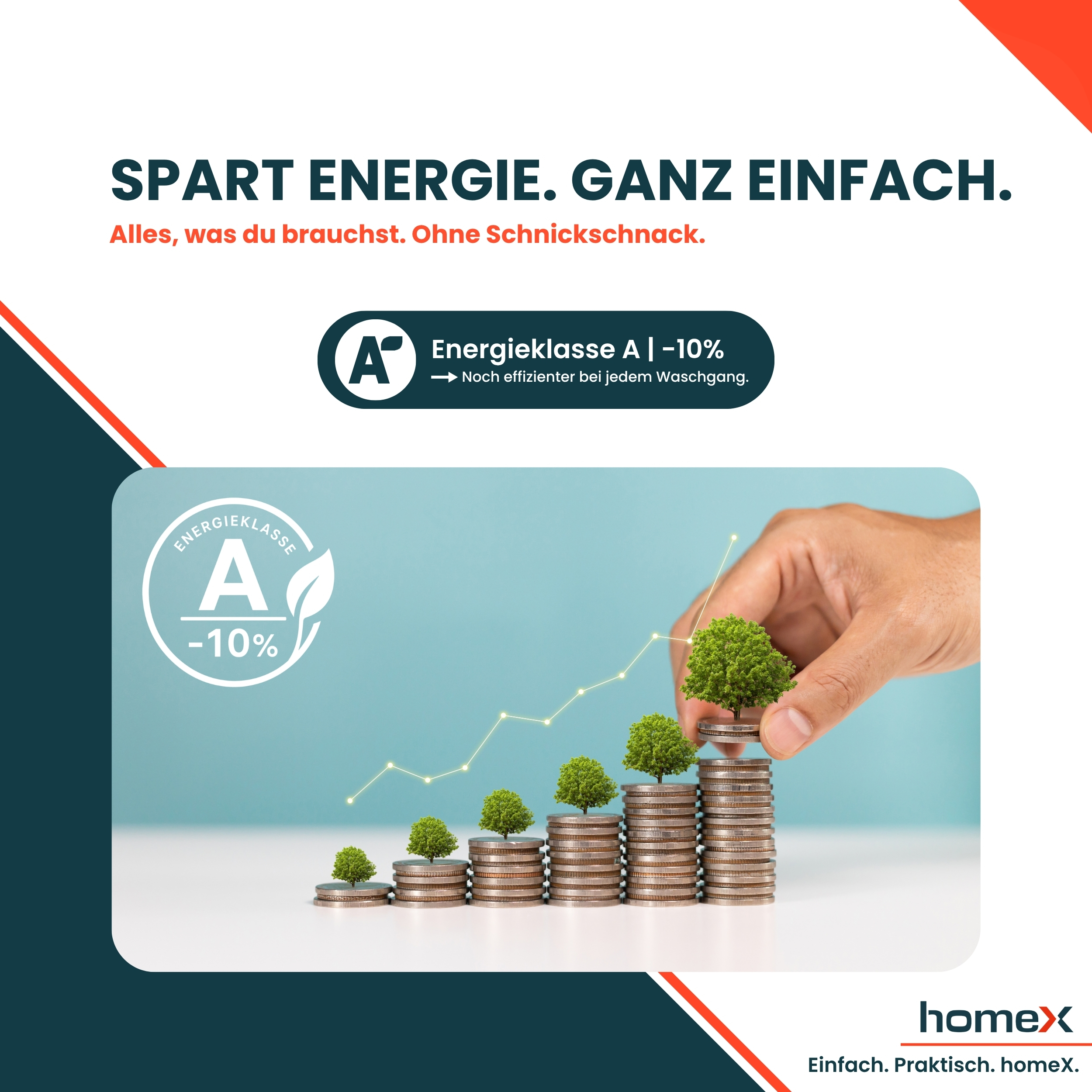 Münzstapel mit Bäumen wachsen, von Hand bestückt. Energieeffizienz A-10%.