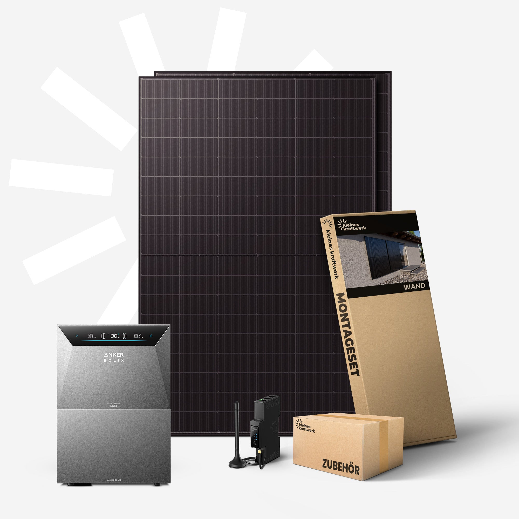 Grauer Wechselrichter, Solarpanels, Montageset und Zubehörbox auf weißem Hintergrund.