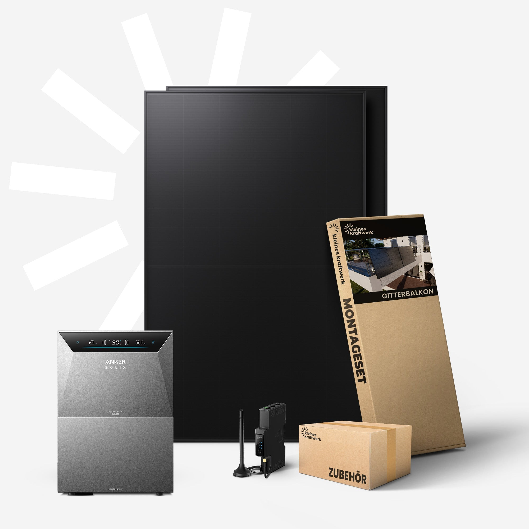 Ein Anker Solix Wechselrichter, Solarpanels, ein Montageset und Zubehör.