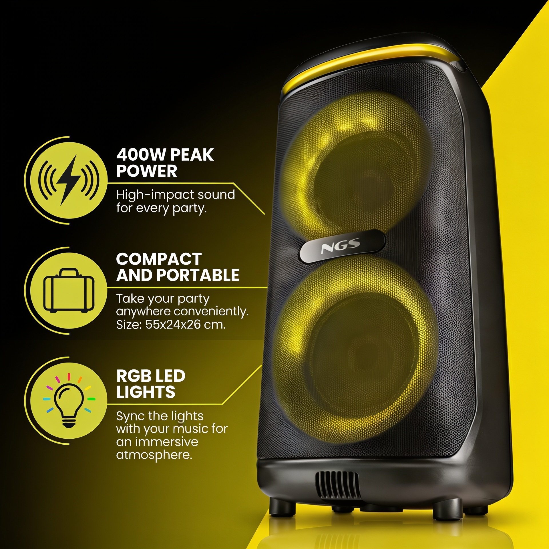 Altavoz negro con luces amarillas y logo NGS. Texto sobre potencia, portabilidad y luces.
