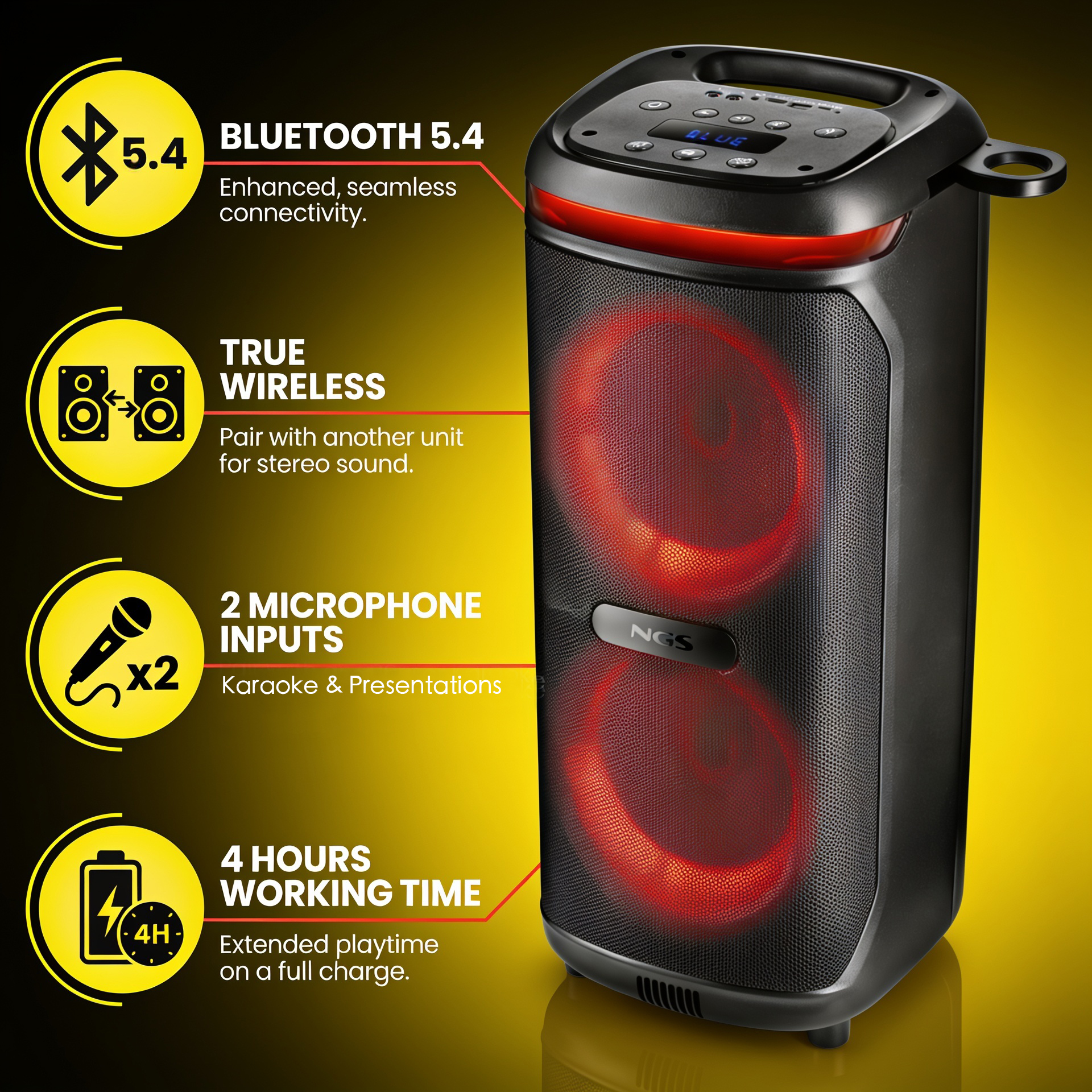 Altavoz negro con luces rojas, Bluetooth 5.4, True Wireless.