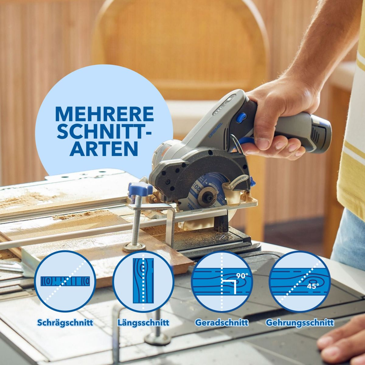 Mann benutzt Kreissäge für verschiedene Schnittarten (Schräg-, Längs-, Gerad-, Gehrungsschnitt).