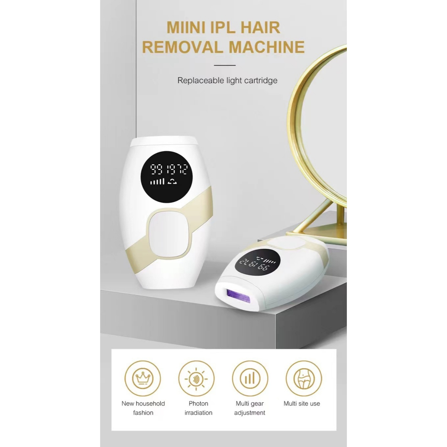 Zwei weiße IPL-Haarentfernungsgeräte mit digitalen Displays und goldenen Akzenten.