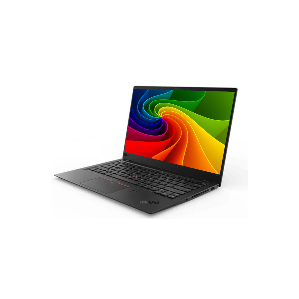 Ein schwarzer Laptop mit einem bunten, wirbelnden Hintergrund auf dem Bildschirm.