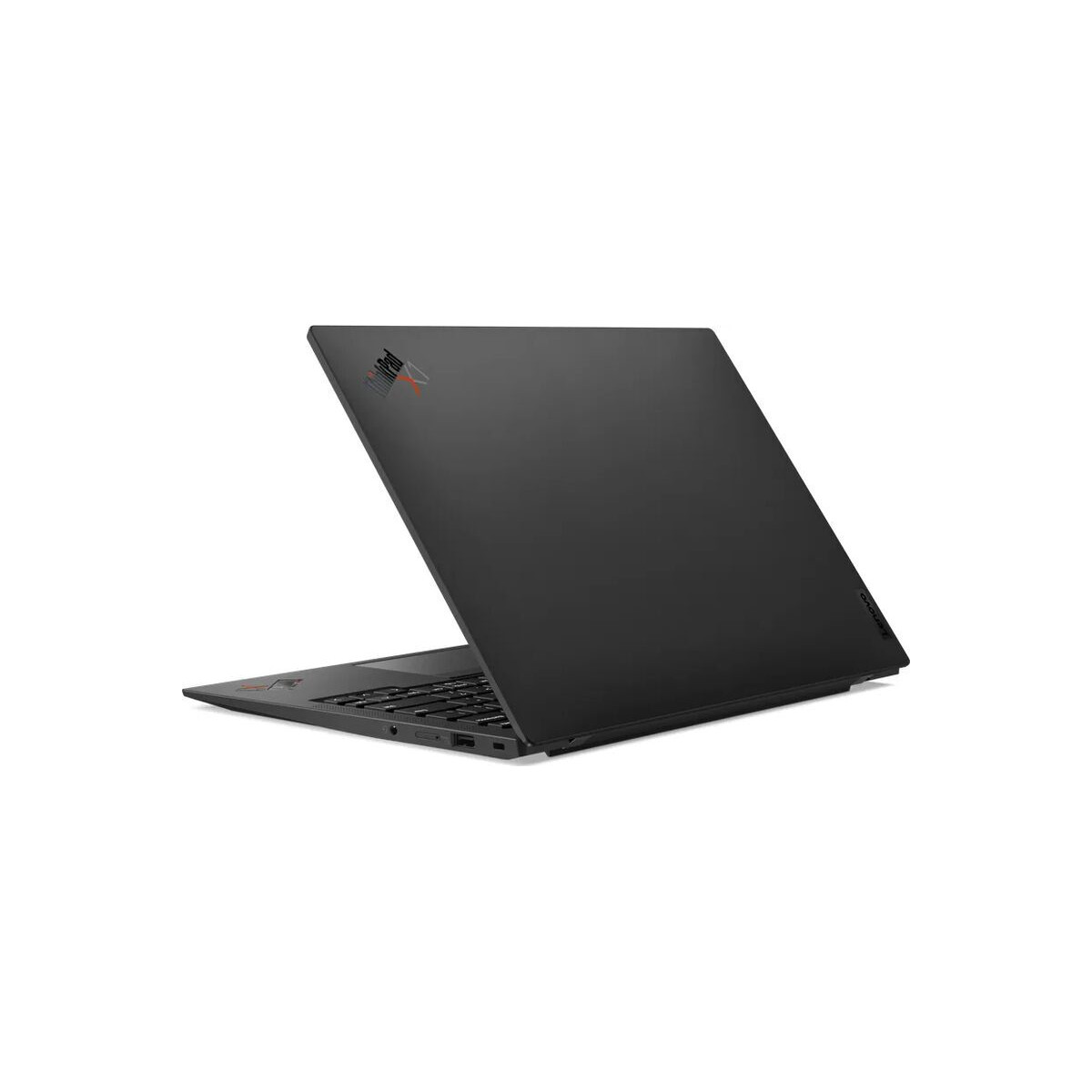 Schwarzer Laptop, teilweise geöffnet, mit rotem Thinkpad-Logo und Lenovo-Schriftzug.
