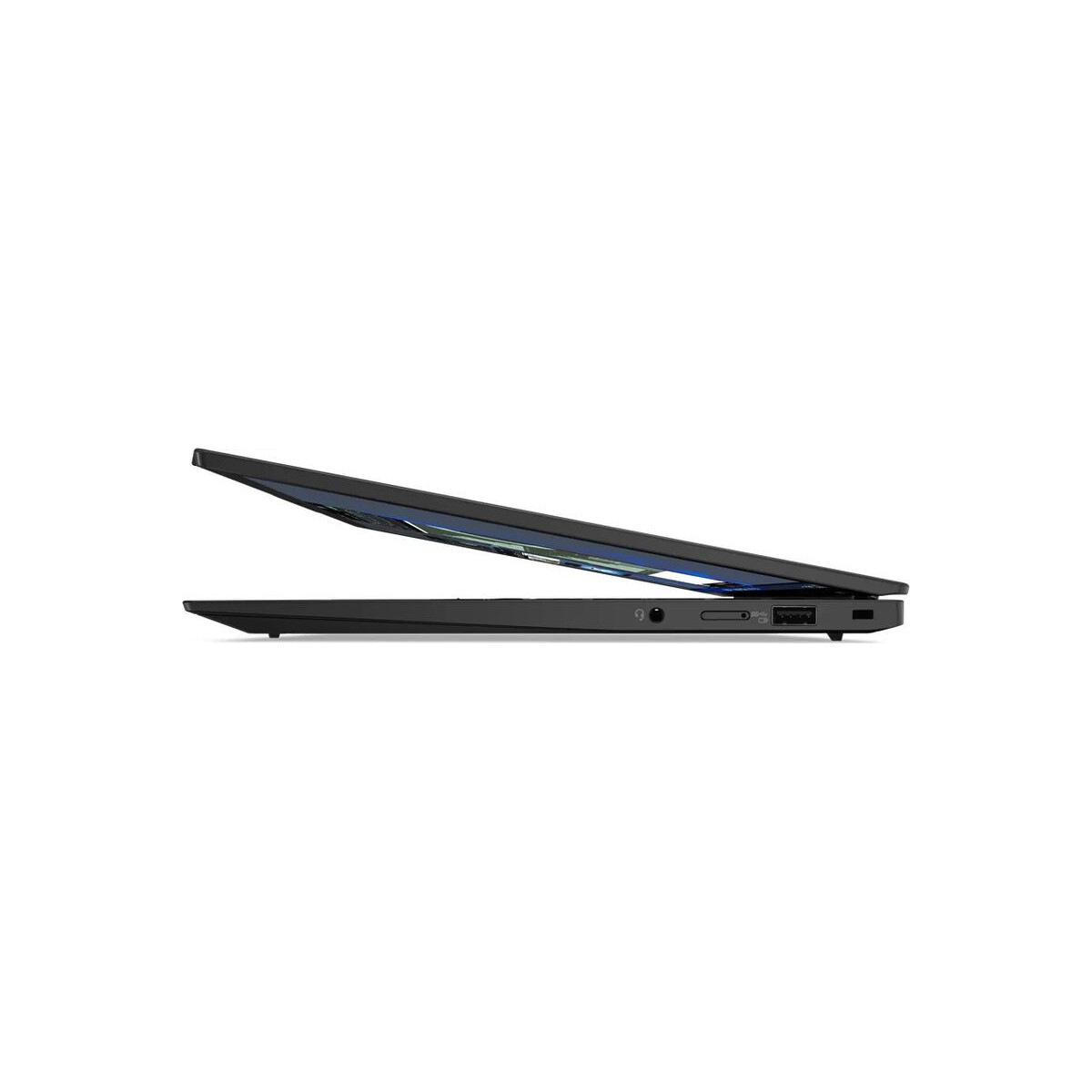 Schwarzer Laptop im Profil, teilweise geöffnet, mit Anschlüssen an der Seite.
