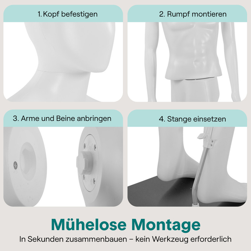 Schritt-für-Schritt-Anleitung zum Zusammenbau einer weißen Schaufensterpuppe.