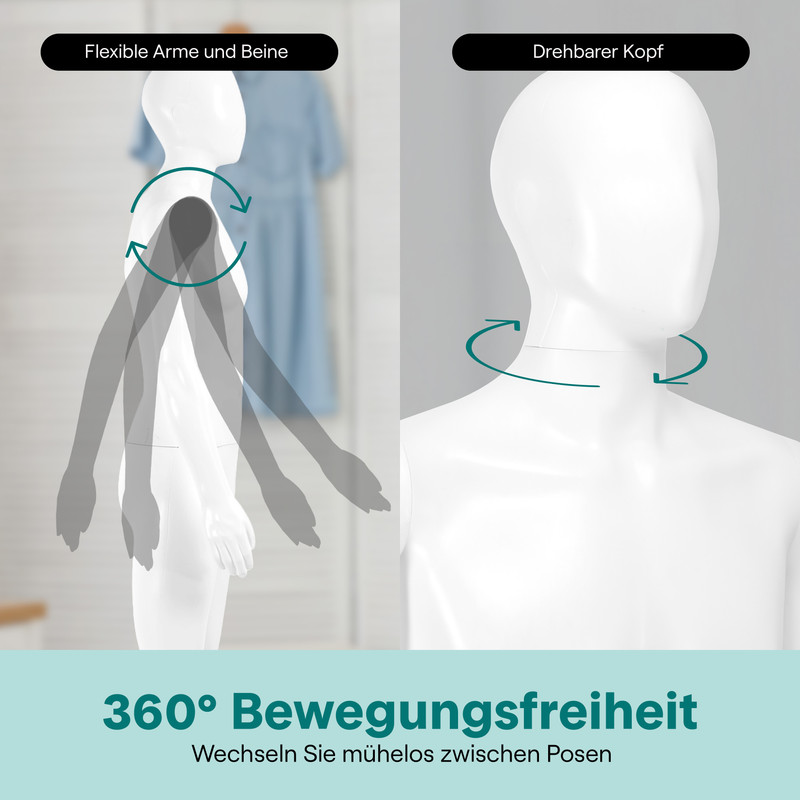 Schaufensterpuppe mit flexiblen Armen und drehbarem Kopf, zeigt Bewegungsfreiheit.