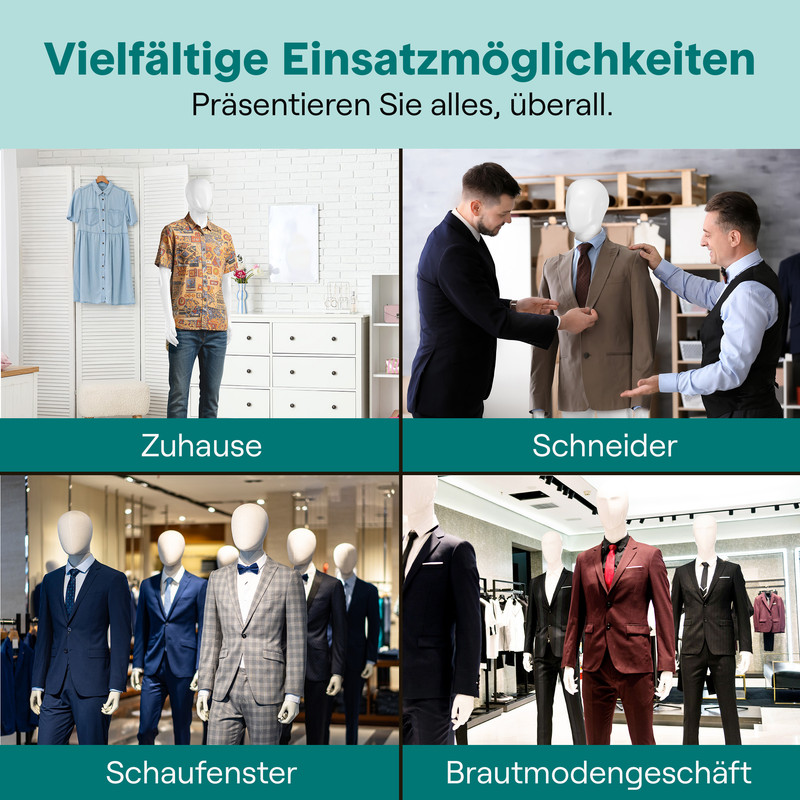 Vier Szenen: zuhause, Schneider, Schaufenster, Brautmodengeschäft.
