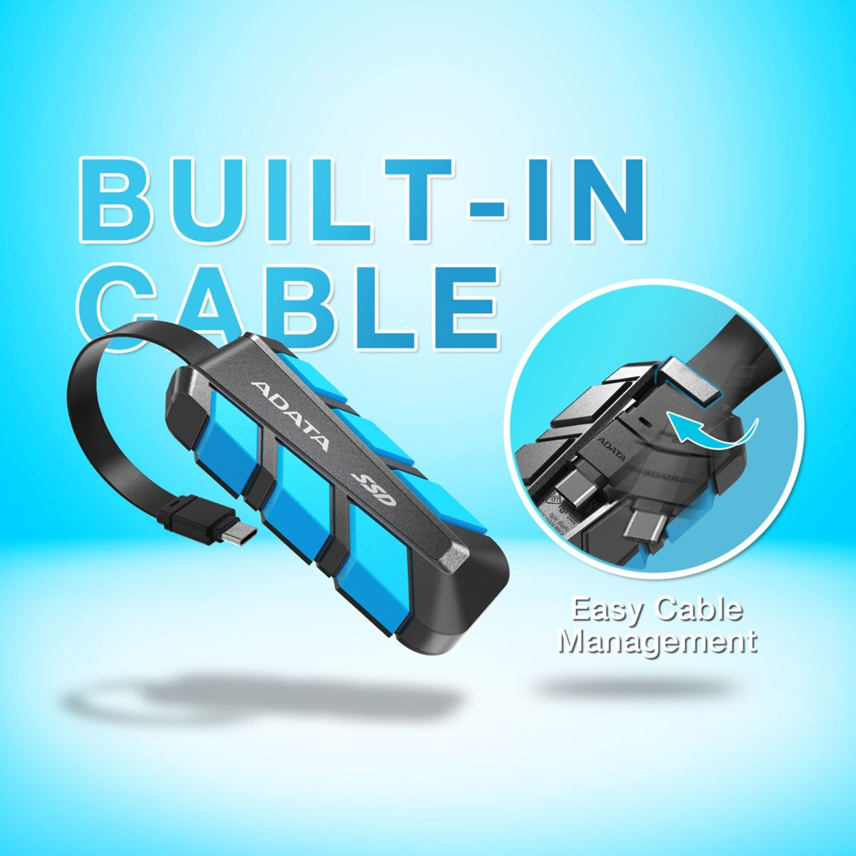 ADATA SSD mit integriertem Kabel, blaue Akzente, einfaches Kabelmanagement.