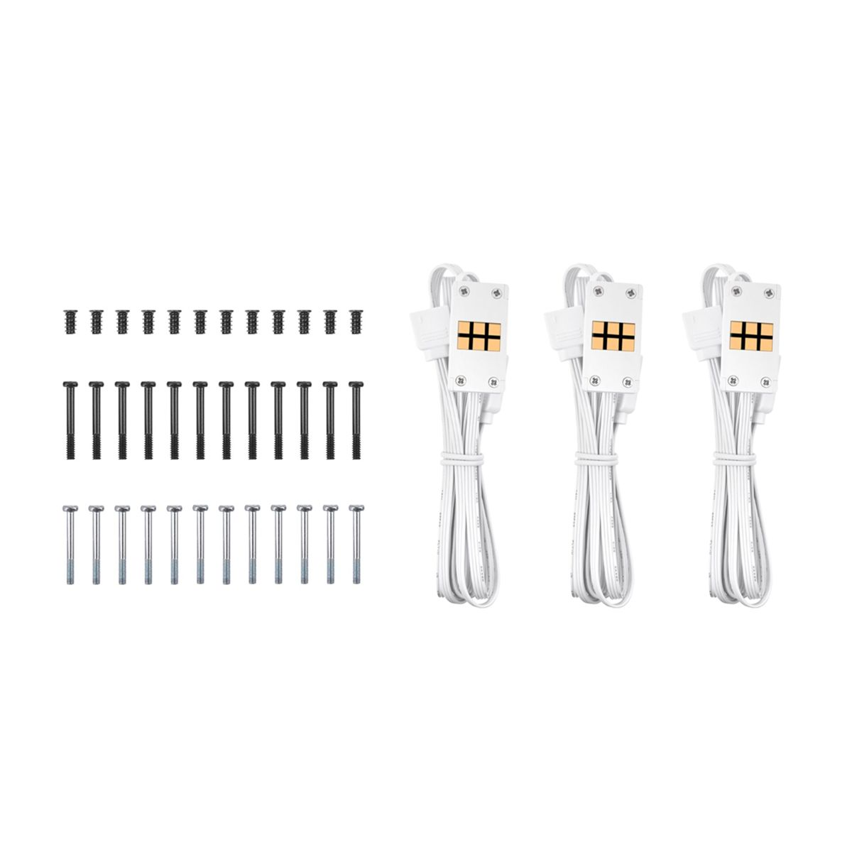 Schwarze und silberne Schrauben nebeneinander, mit drei weißen Kabeln, die mit einem Stecker verbunden sind.