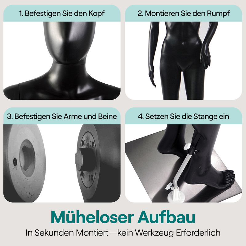 Anleitung zum Aufbau einer schwarzen Schaufensterpuppe in vier Schritten.