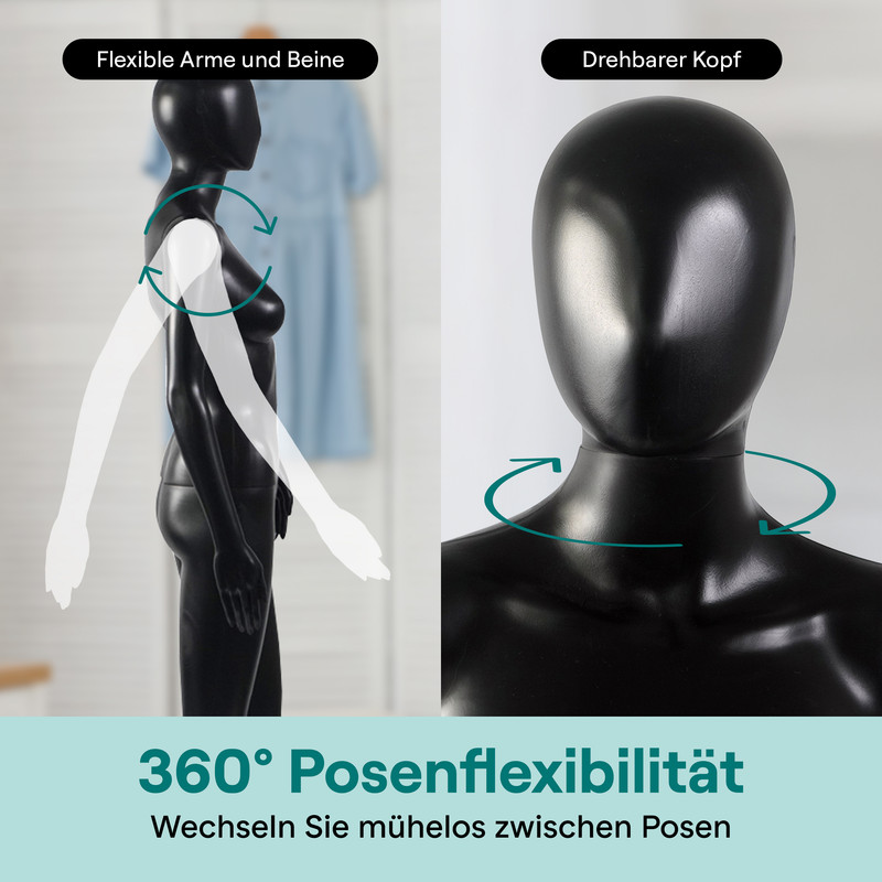 Schwarzer Schaufensterpuppe mit flexiblen Armen und drehbarem Kopf, zeigt 360° Posenflexibilität.