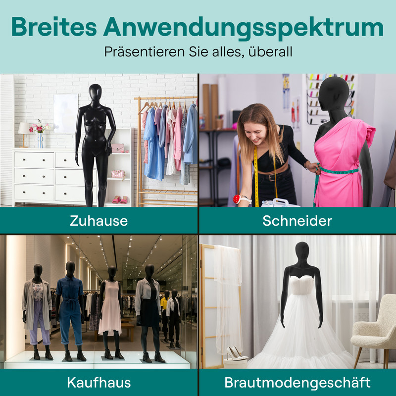 Vier Szenen: Zuhause, Schneider, Kaufhaus, Brautmodengeschäft mit Schaufensterpuppen.