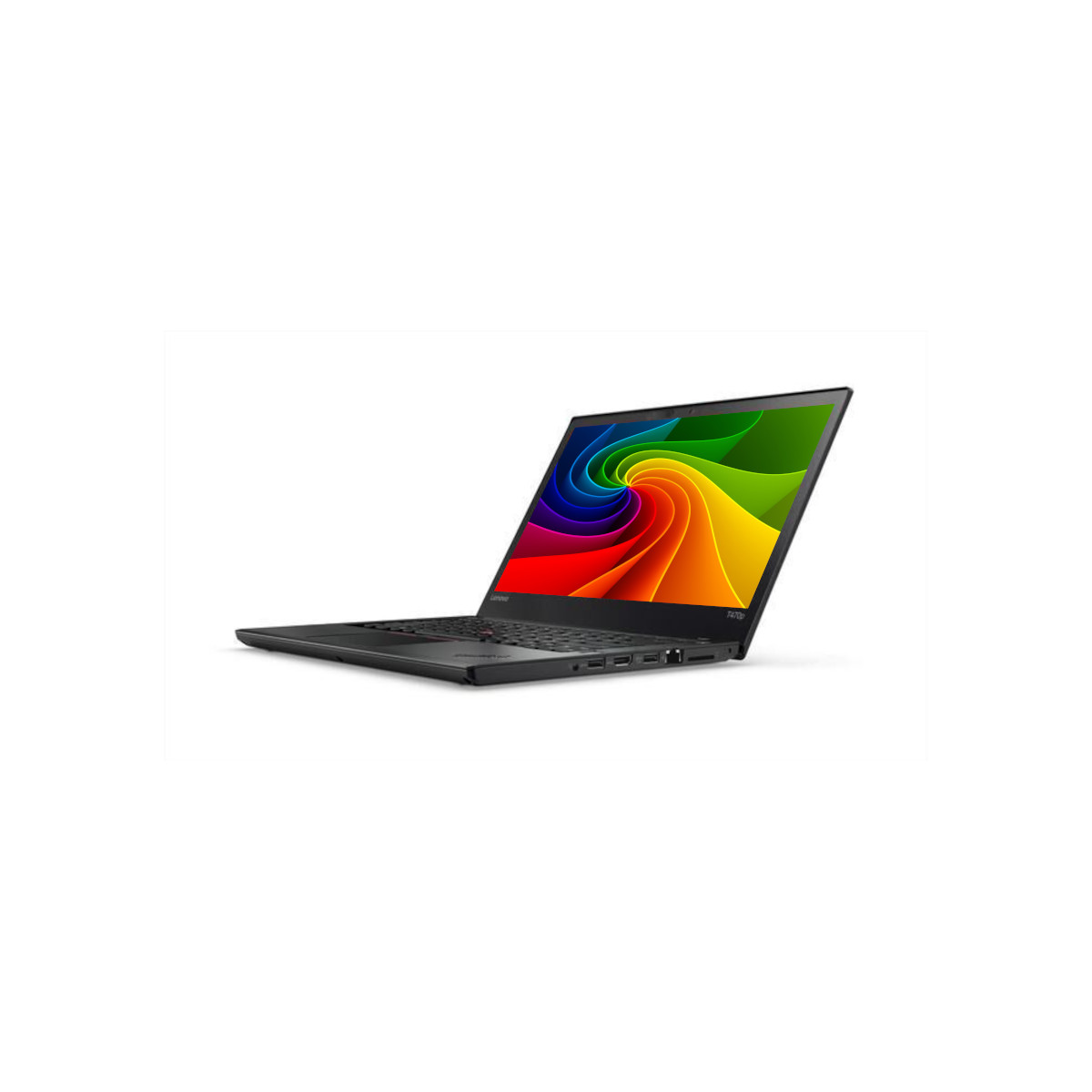 Ein schwarzer Laptop mit einem farbenfrohen Regenbogen-Wirbel auf dem Bildschirm.
