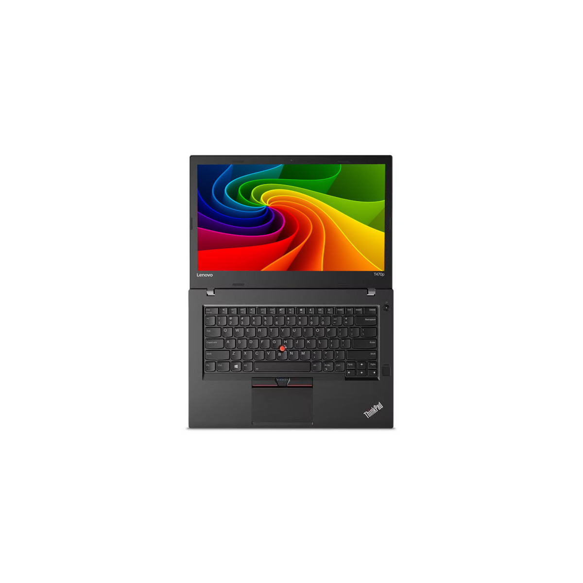 Ein geöffneter Lenovo ThinkPad Laptop mit farbenfrohem Hintergrund auf dem Bildschirm.