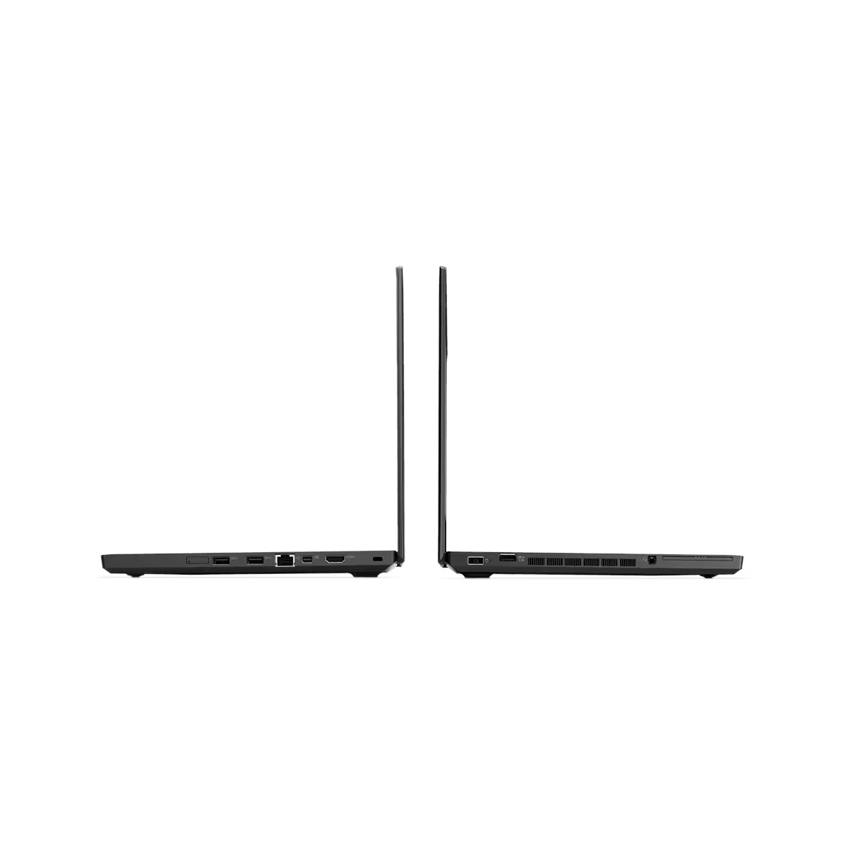 Zwei schwarze Laptops im Profil auf weißem Hintergrund, mit Anschlüssen sichtbar.