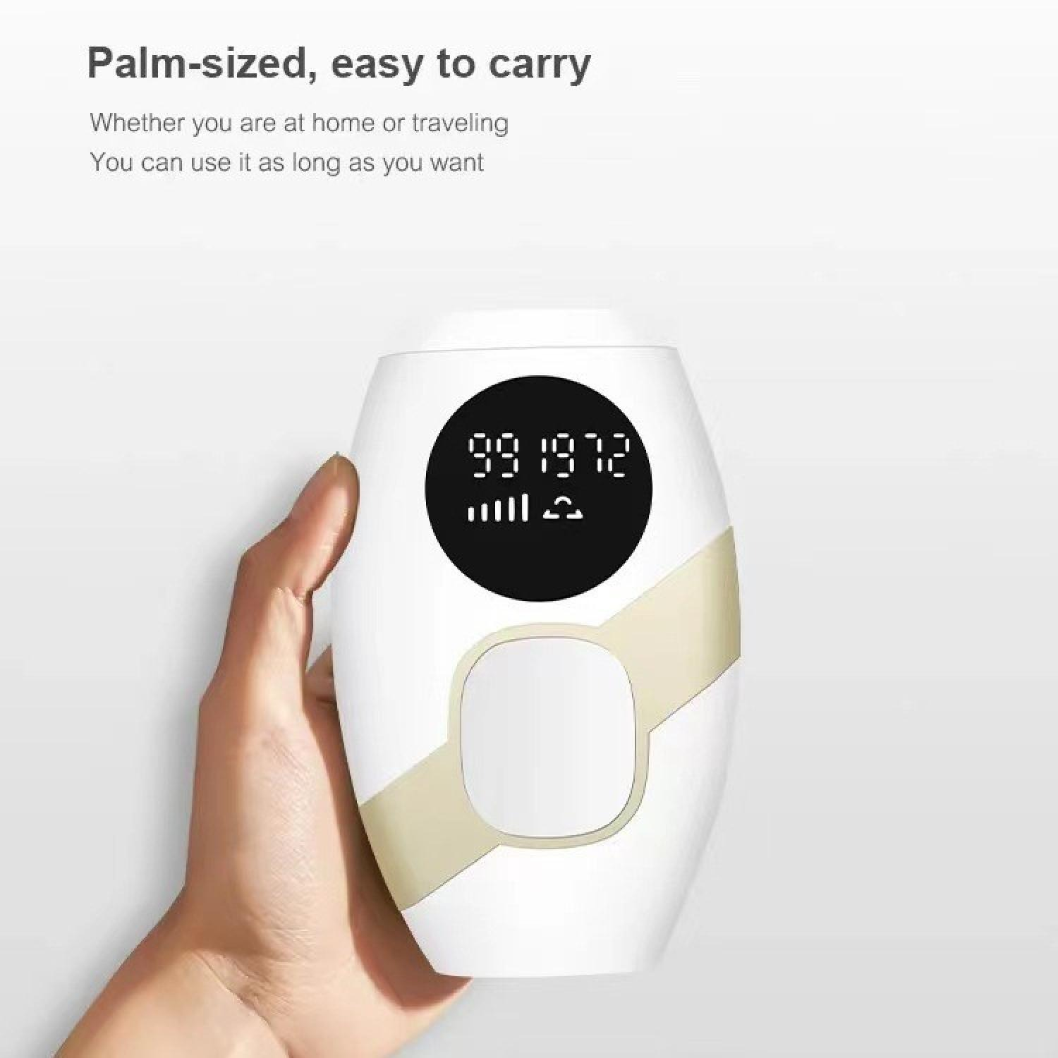 Eine Hand hält ein weißes, palmgroßes Gerät mit einem digitalen Display.